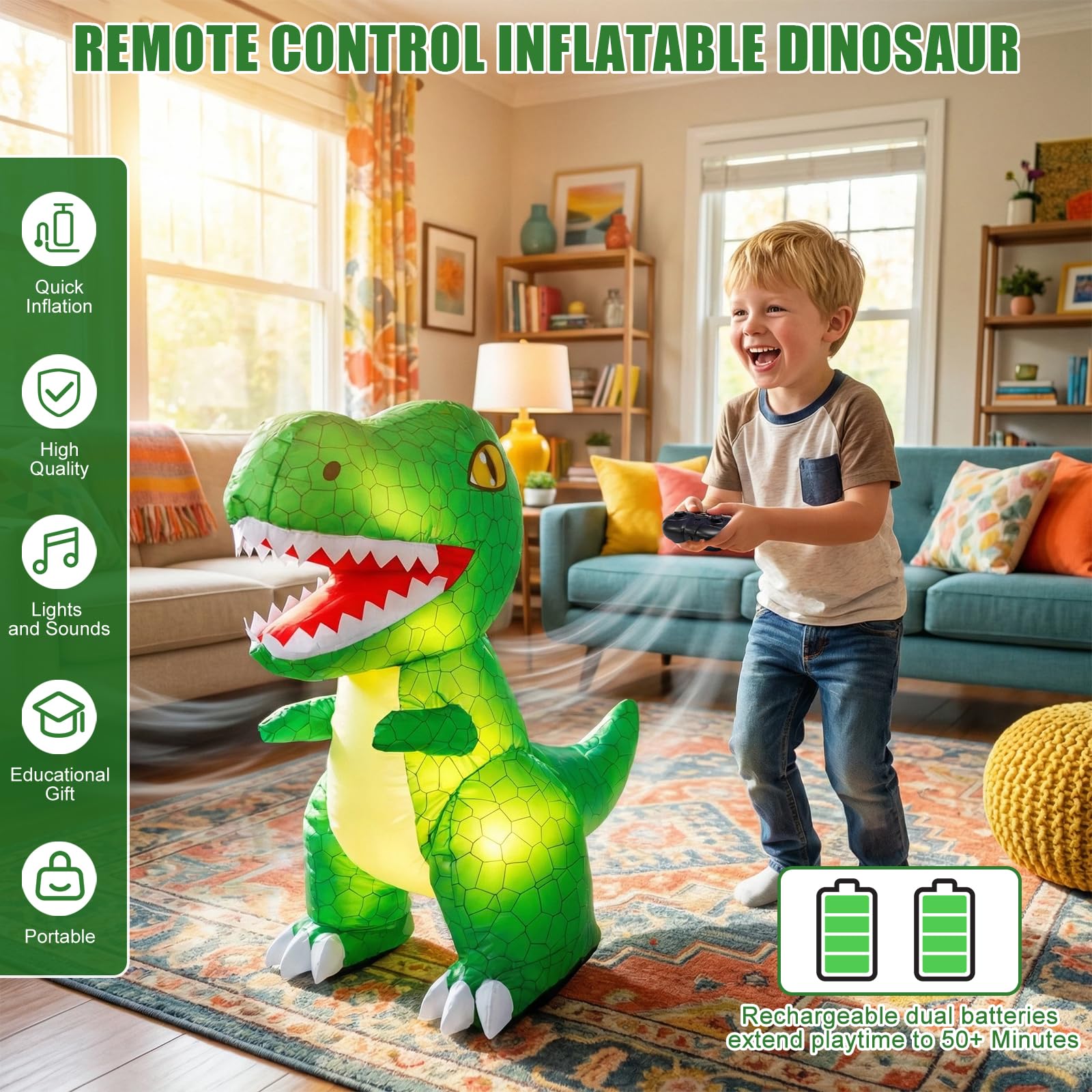 Htish Ferngesteuerter Aufblasbares Dinosaurier Spielzeug - 2.4GHz RC Dinosaur mit Sound Licht 360°Drehung Laufen - Interaktive Dinosaurier Spiele Geburtstagsgeschenk für Kinder ab 3 4 5 6 7 8-12 Jahre