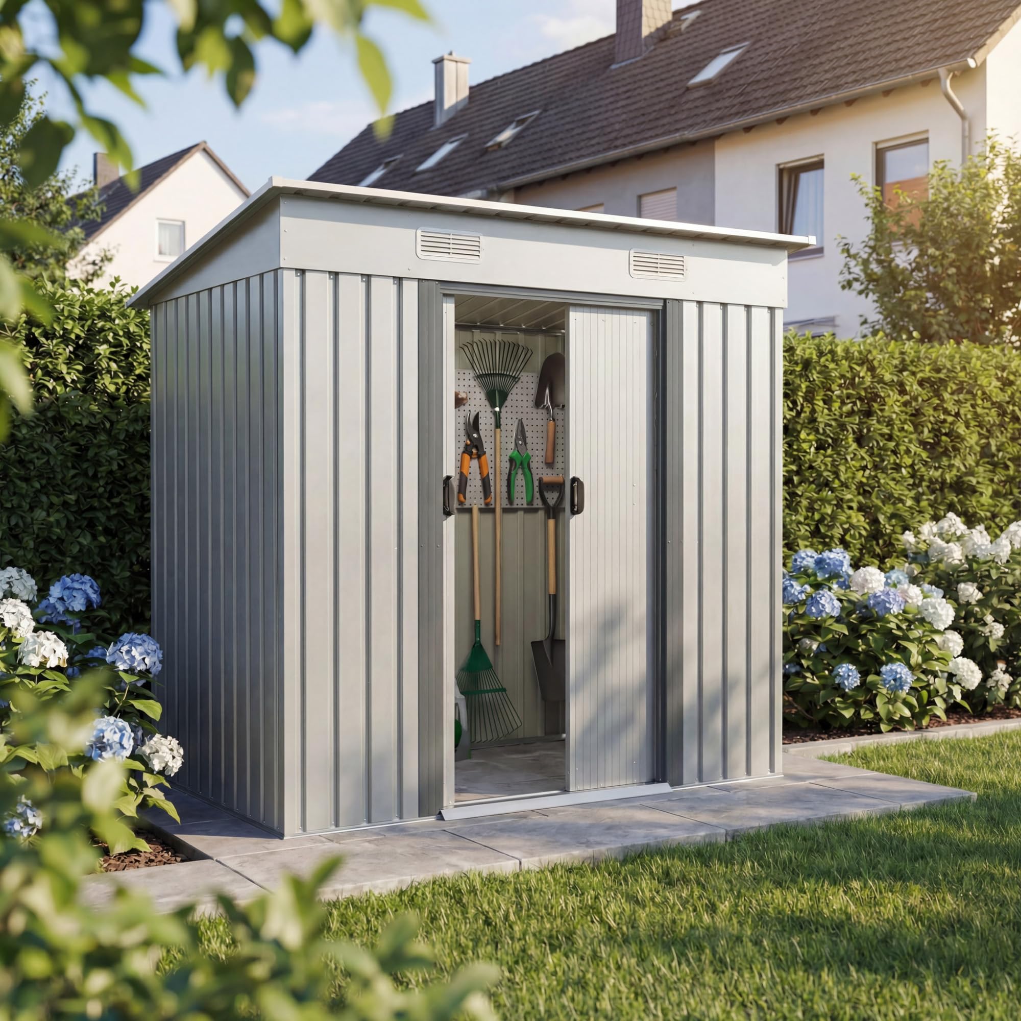 JUMMICO Metall Gerätehaus 3.63m³ Geräteschuppen 183x109x182cm, Gartenschuppen mit Fundament und Schiebetüre, Gartenhaus für Gartengeräte und Mülltonnen, Silber