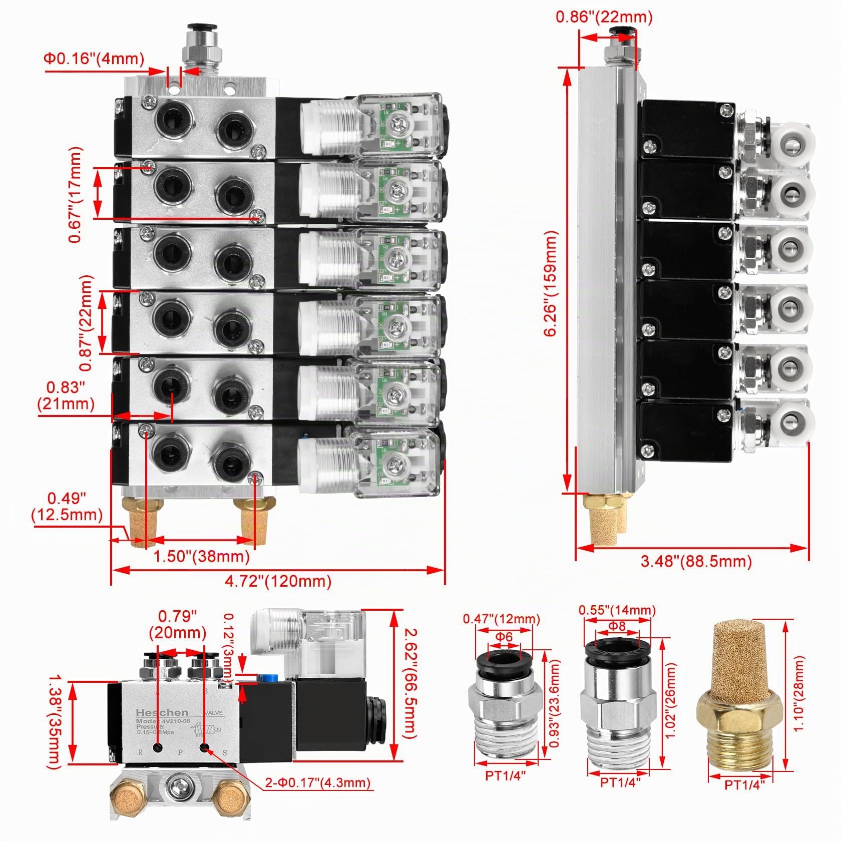 Heschen Elettrovalvola pneumatica elettrica a 6 vie 4V210-08 DC 24 V PT1/4 5 vie 2 posizioni collettore silenzioso con kit di raccordi rapidi