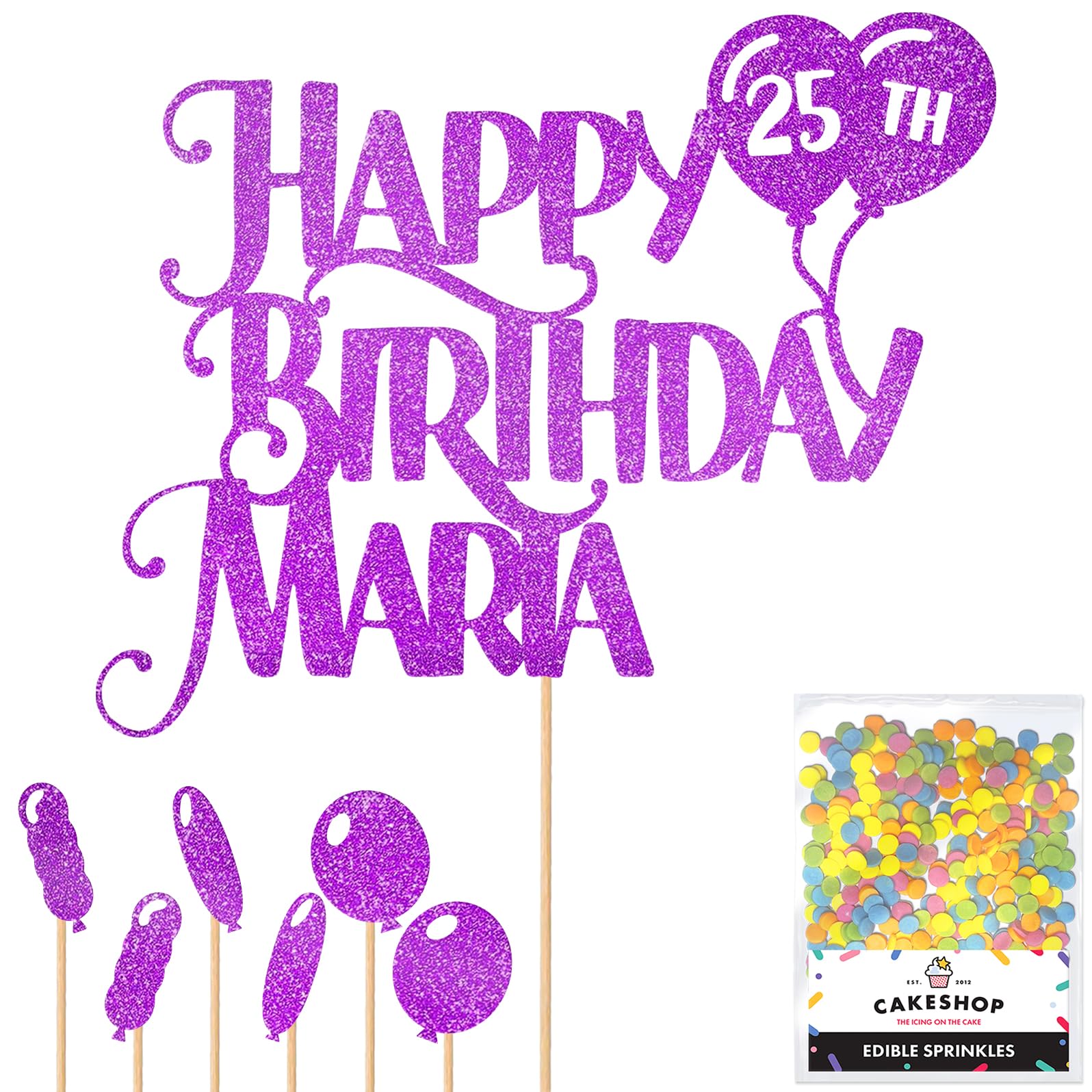 Personalised Happy Birthday Glitter Cake Topper inc Balloons - Purple Any Name & Age Glitter Cake Decoration and Sprinkles - Happy Birthday Decorations - Personalised Toppers for Cakes by Cakeshop