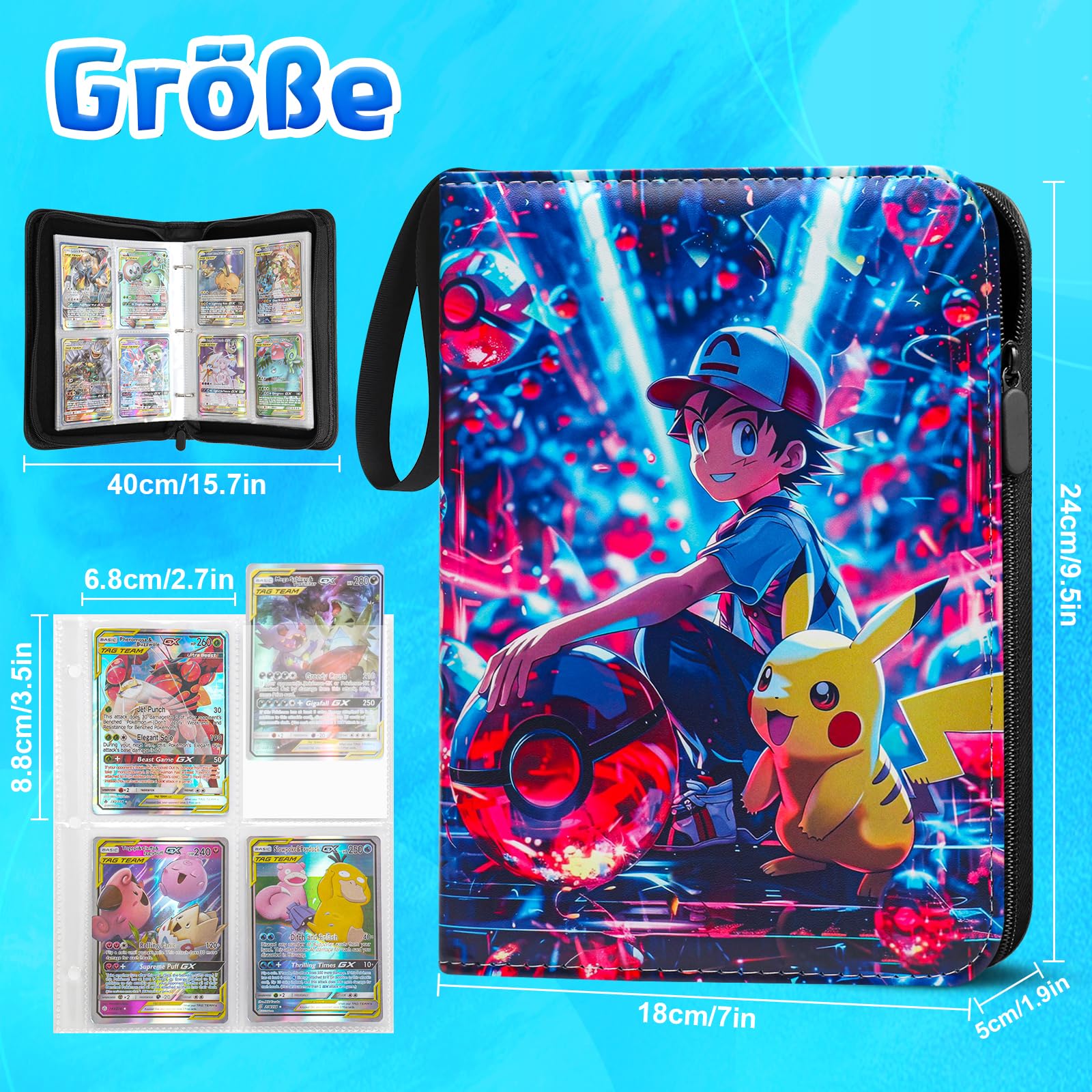 LYAILOOGXL Sammelalbum für Pokemon 400 Karten, Reißverschluss Sammelkarten Album Passt für 400 Karten mit 50 Abnehmbaren Hüllen,PU-Material mit wasserdichter Oberfläche - 2