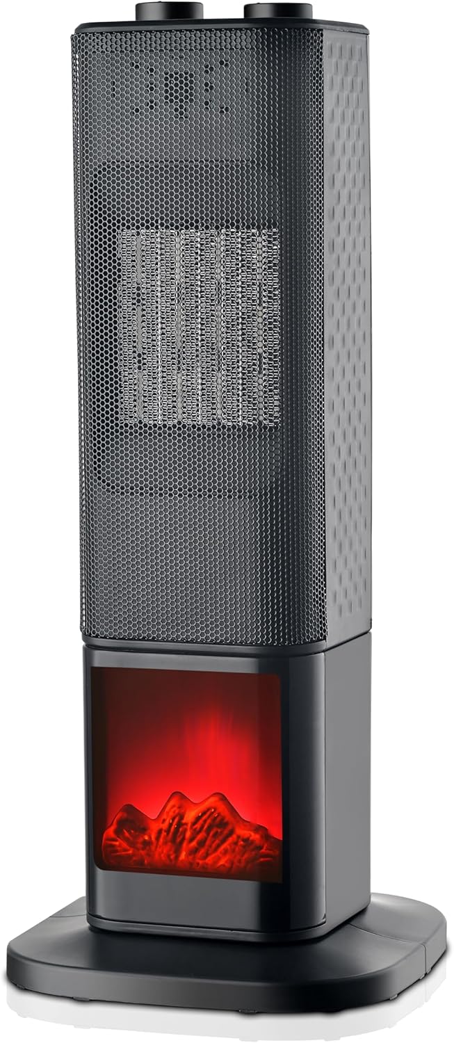 Oscillating Tower Fan Heater with Fireplace Portable PTC Ceramic Electric Heater, Safety tip