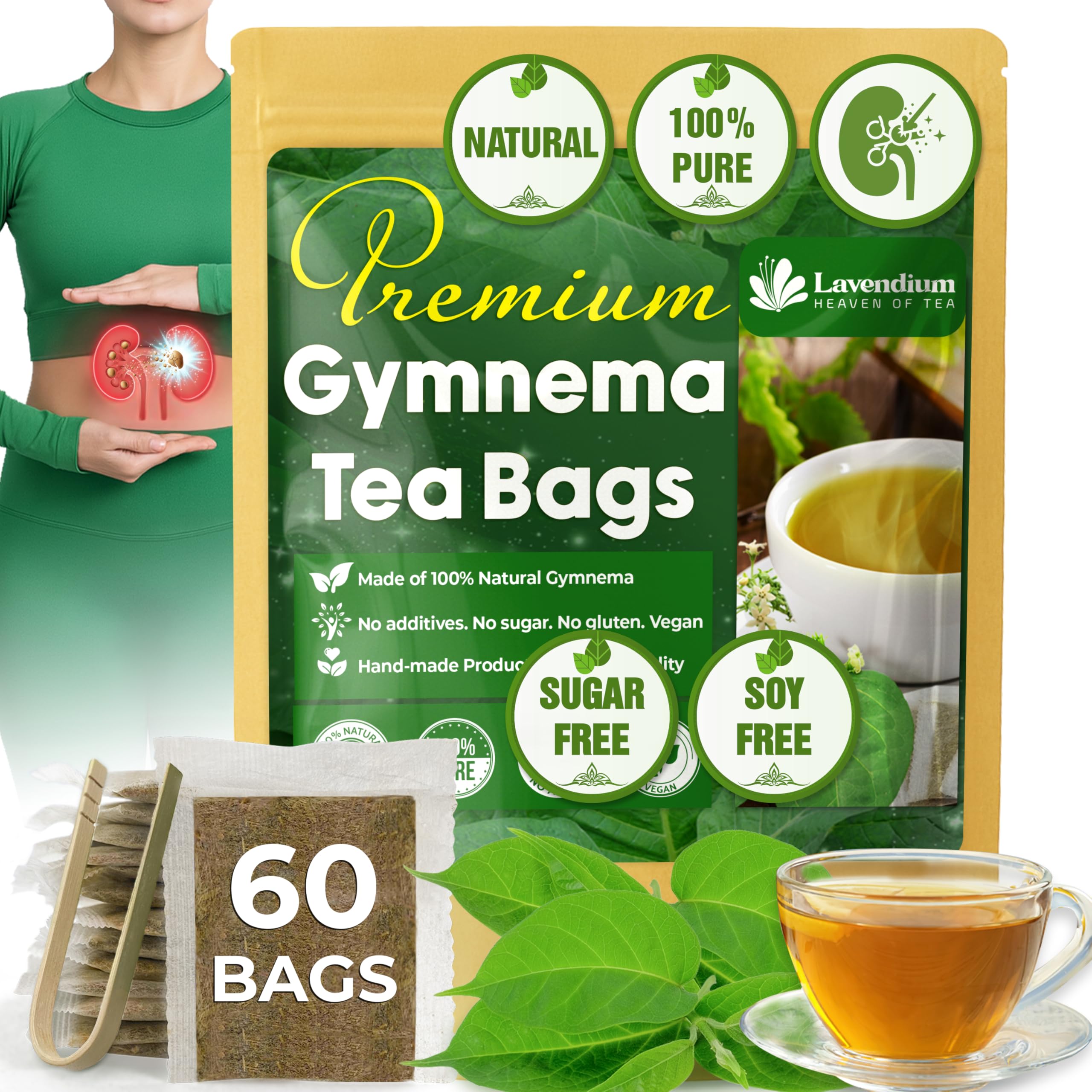 Lavendium, Premium 60 Gymnema Leaf Tea Bags, 100% Natural & Pure from Gymnema Leaves. Gymnema Tea Bags for Diabetics - COLD-DRIED for Maximum Freshness and Nutrient Retention. No Sugar, Vegan.