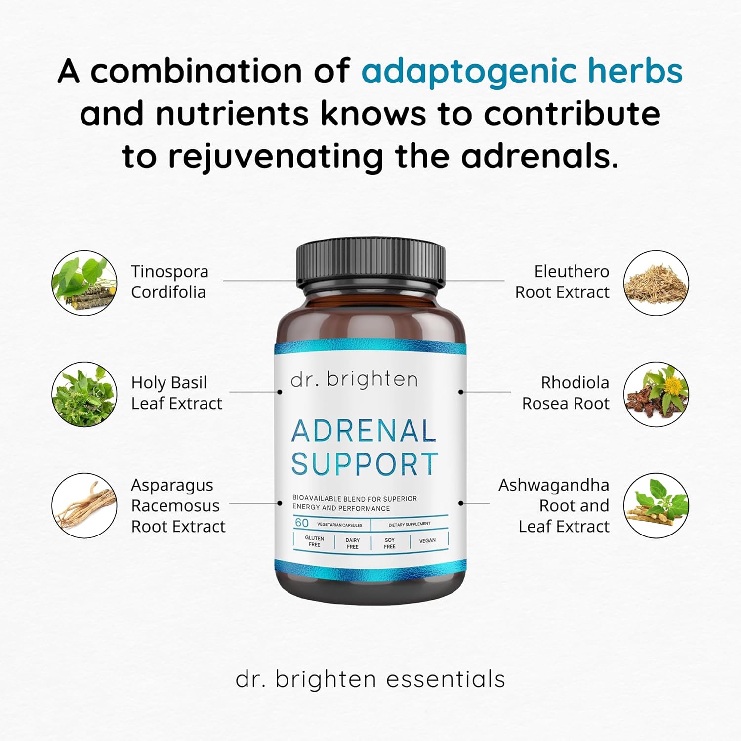 Dr. Brighten Adrenal Support - Dietary Supplement with Ashwagandha to Support Healthy Energy Levels and Stress Response (60 Count)