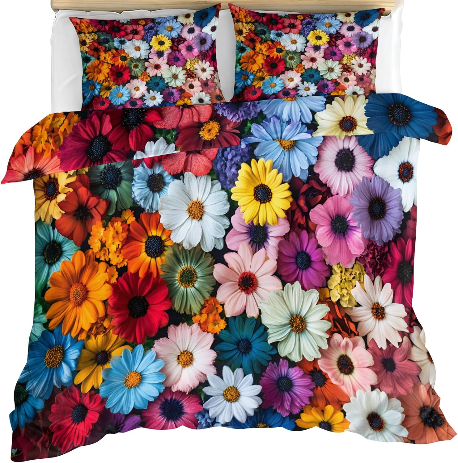 Daisy Duvet Cover, Colorful Bedding Set Cover for Kids Boys Girls Teens, Reversible Florals Duvet Cover with Zipper Closure and 2 Pillow Shams, Twin Size 68"x90"