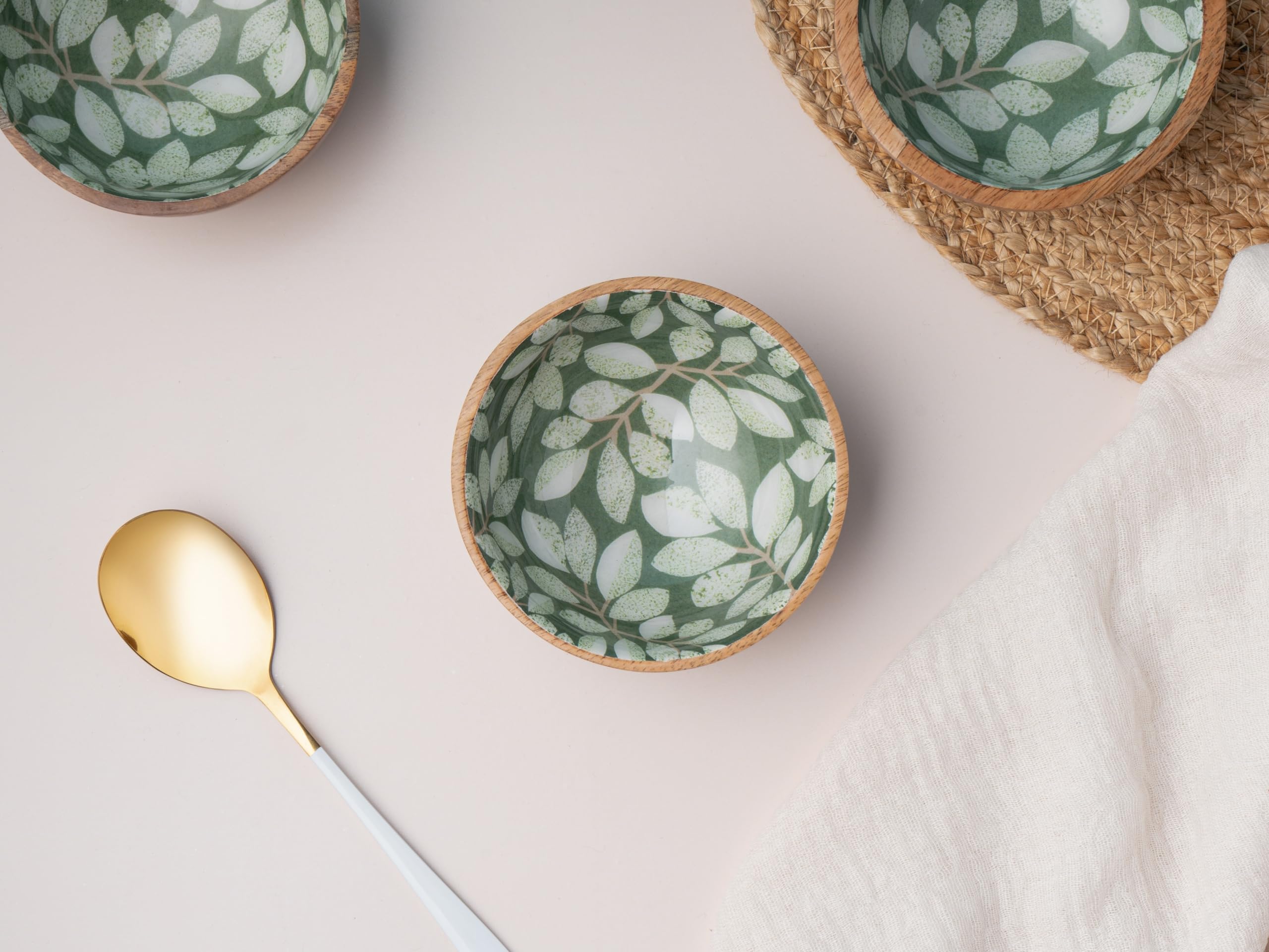 Mango Wood Snack Bowls - Set of 2 Green, Boho Decorative Bowl with Food Safe Designer Inlay. 4 inch Wooden Bowl for Salad, Fruit, Nuts, Cereals, Handmade Orange Bowls for Kitchen