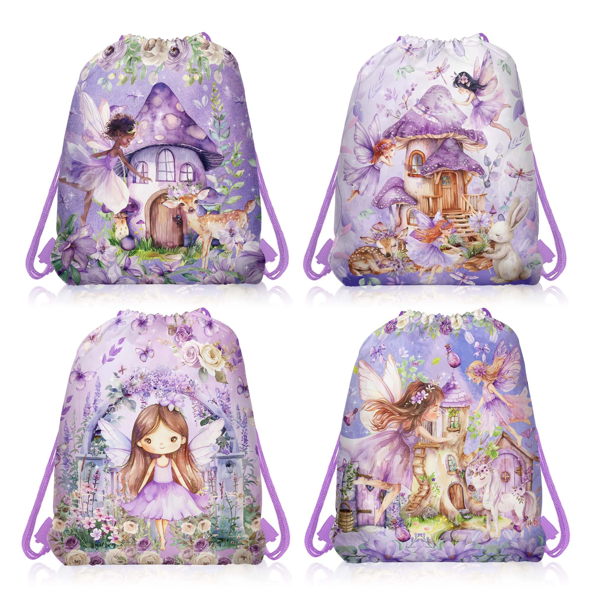 CC HOME 12Pcs Purple Fairy Drawstring Bags, Cartoon Elf Gift Candy Treat Bags, Mushroom House Theme Party Favor Bags for Baby Shower Kids Girls Boys Birthday Party Decorations 10.6 x 13.4 inch
