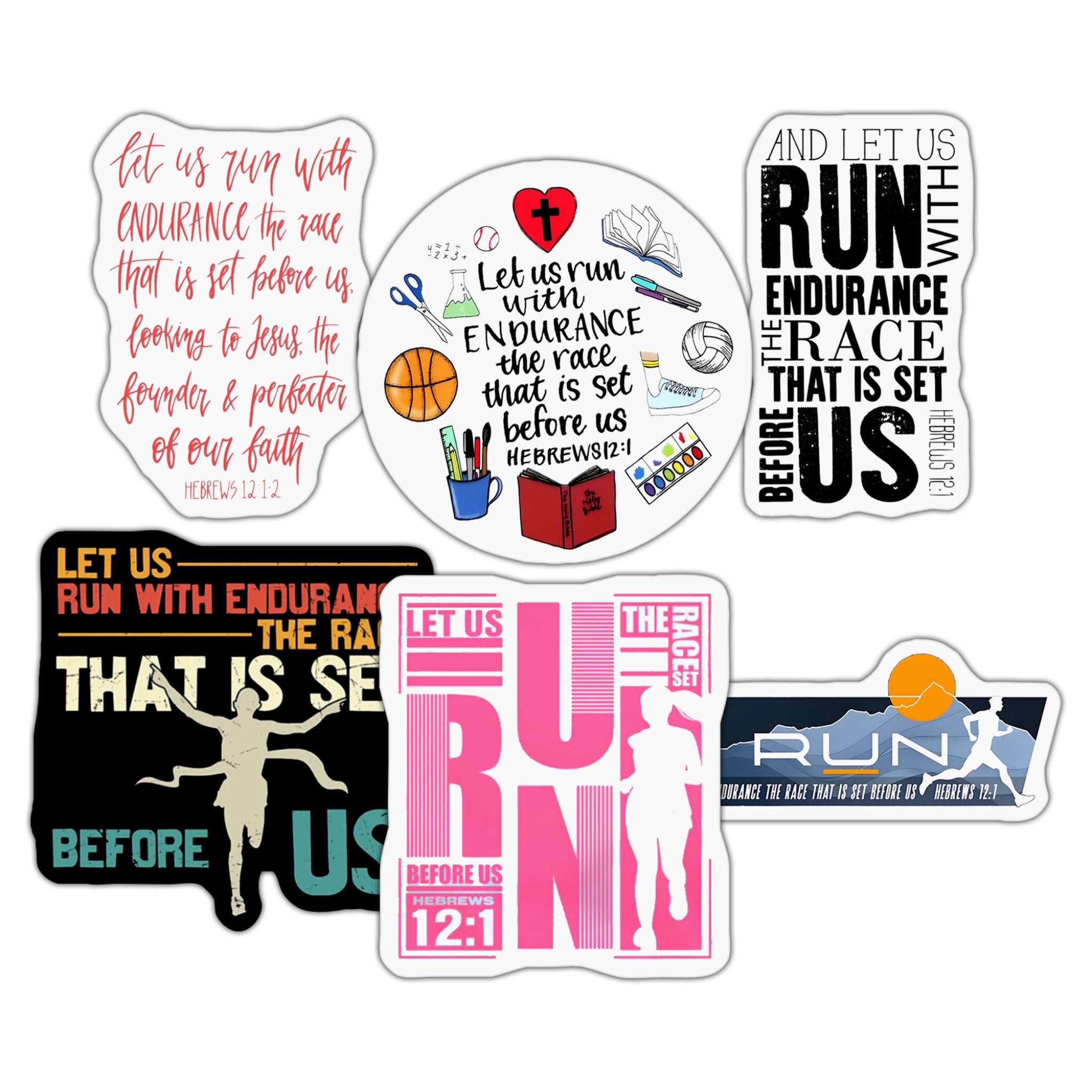 Pack 6 Hebrews 12 1-2 Let Us Run with Endurance The Race That is Set Before Us Sticker 3 Inches Bible Verse, Christian, Waterproof Vinyl Sticker