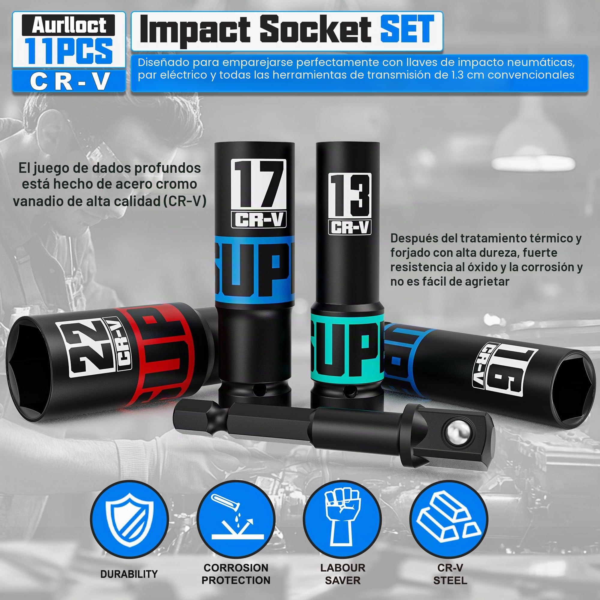 11 Piezas Juego de Llaves de Vaso, 10-24mm llaves de Vaso Impacto 1/2“, con 1/4" a 1/2" Adaptador de Dado, Vaso de Impacto Ferramentas Auto para Reparación de Coches Cambio de Neumáticos
