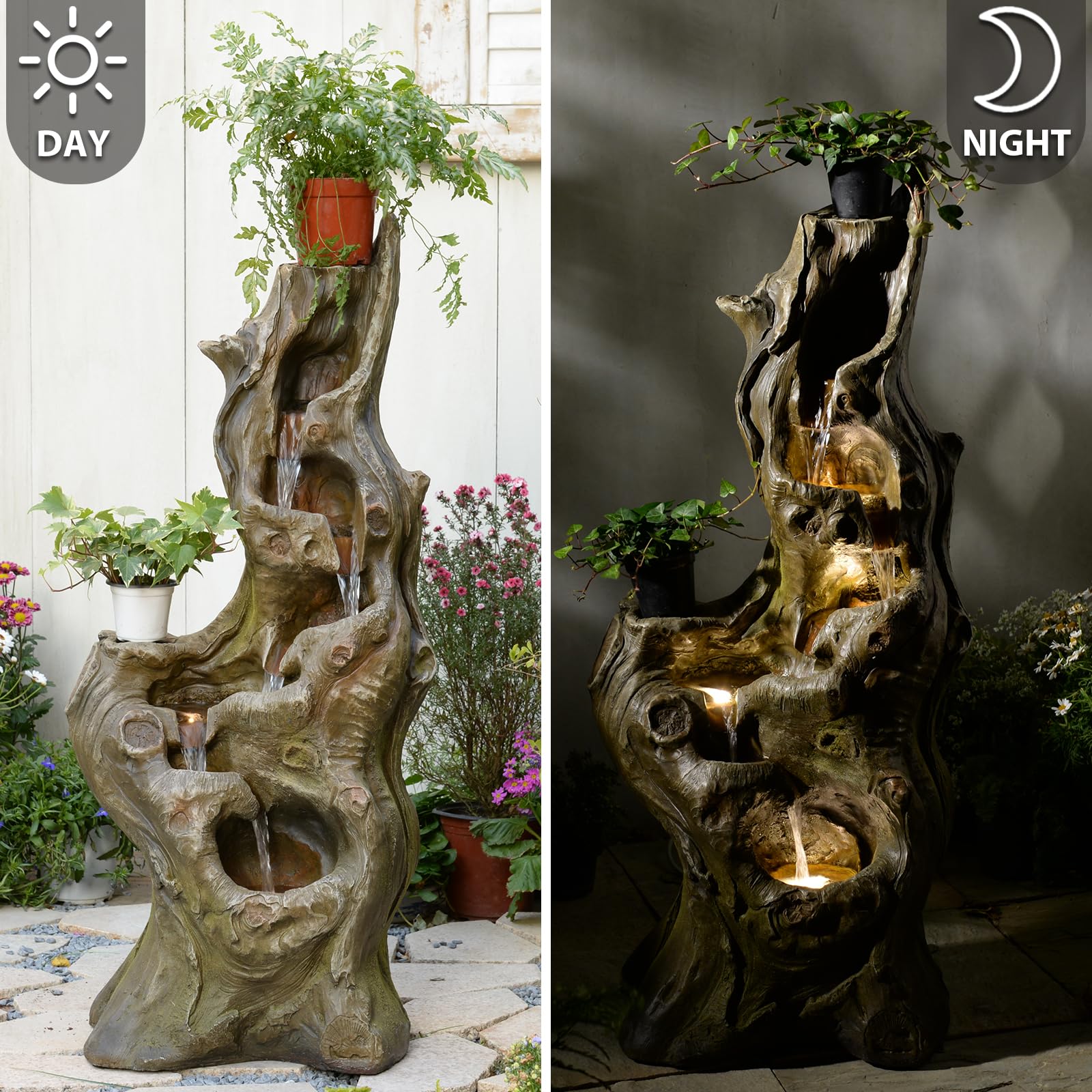 Bumilgar Caractéristiques d'eau de jardin 5 niveaux Grande cascade réaliste Tronc d'arbre naturel Fontaine extérieure en résine Imitation bois avec lumières LED pour jardin, patio, terrasse 101 CM