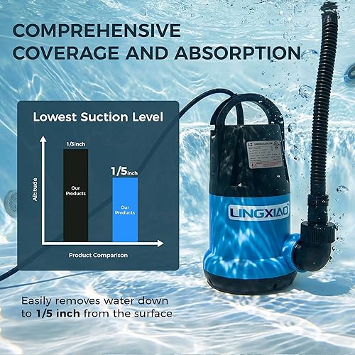 Miniatura 3 de Bomba de sumidero sumergible de 13 HP, bomba de agua automática limpiasucia de 2377 GPH, termoplástica portátil de alto flujo para piscina, jardín,