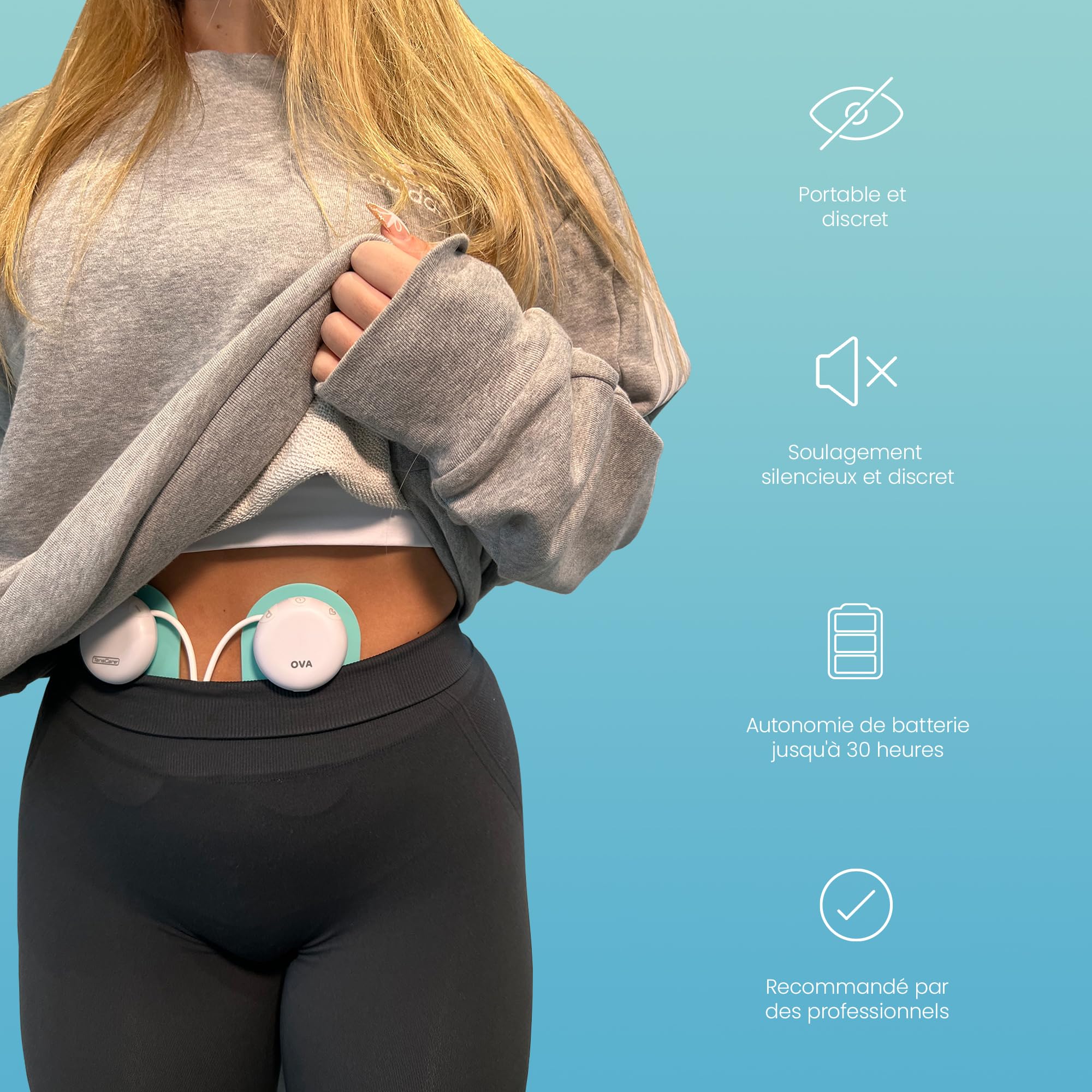 TensCare OVA 3 Soulagement des douleurs menstruelles par TENS et chaleur. Sûr, cliniquement prouvé, sans médicament. Traite aussi les douleurs lombaires. Design petit et discret