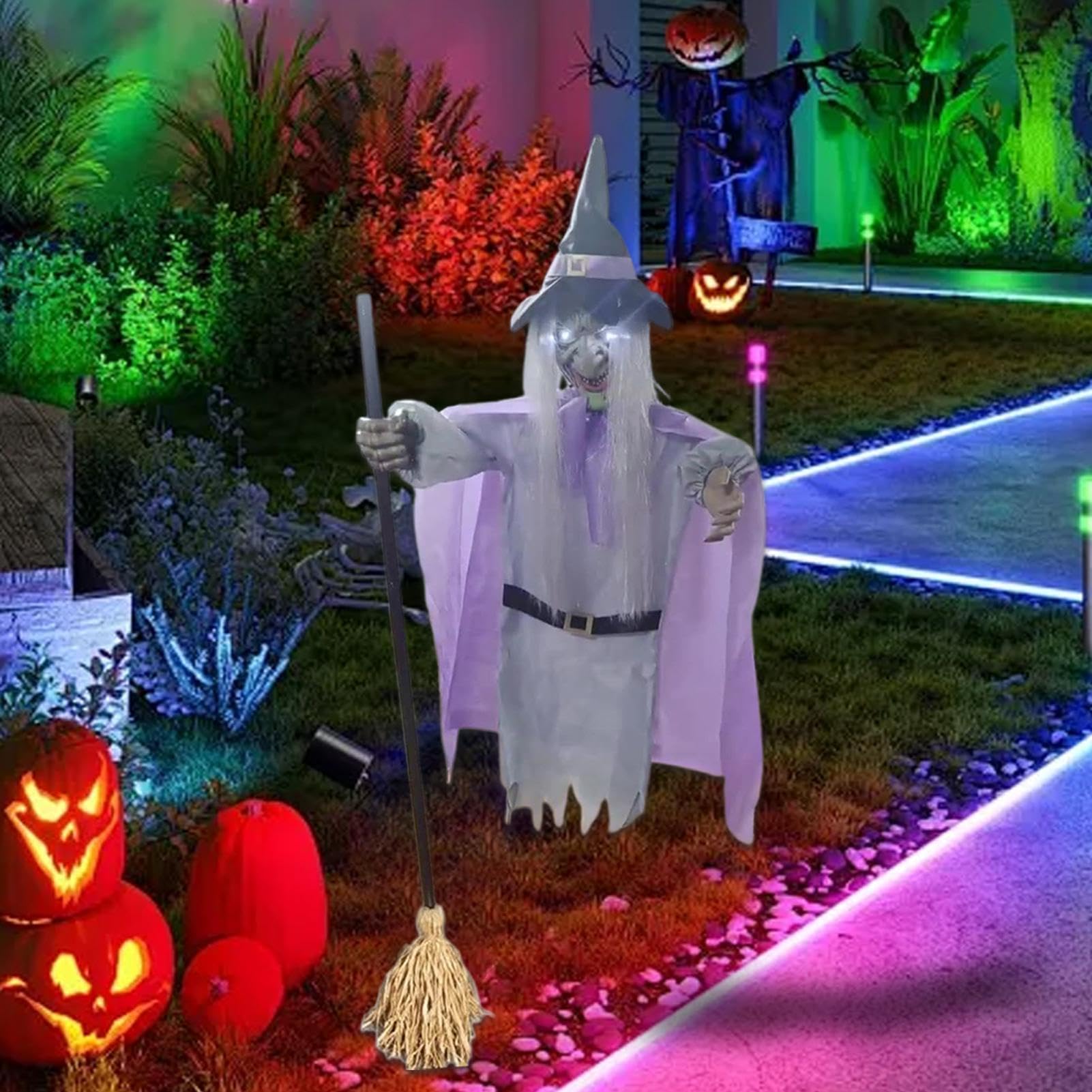Animierte Hexe 1,83 m Unheimlicher Halloween Sound- & Bewegungssensor | Schwebende Hexe Outdoor-Statue für Spukhaus, Feiertag, Party, Festival, Hof, Garten, Rasen und