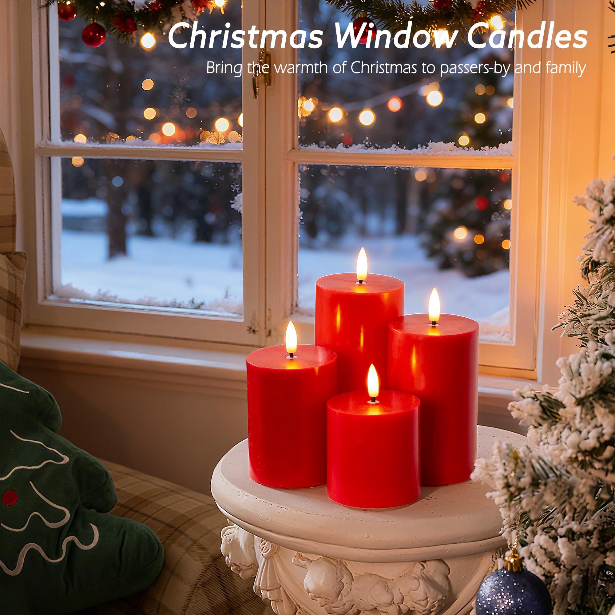 JOIONE Candele rosse senza fiamma con telecomando, set di 4 candele a LED in vera cera, funzionamento a batteria, perfette per finestre di Natale, cene romantiche e decorazioni natalizie