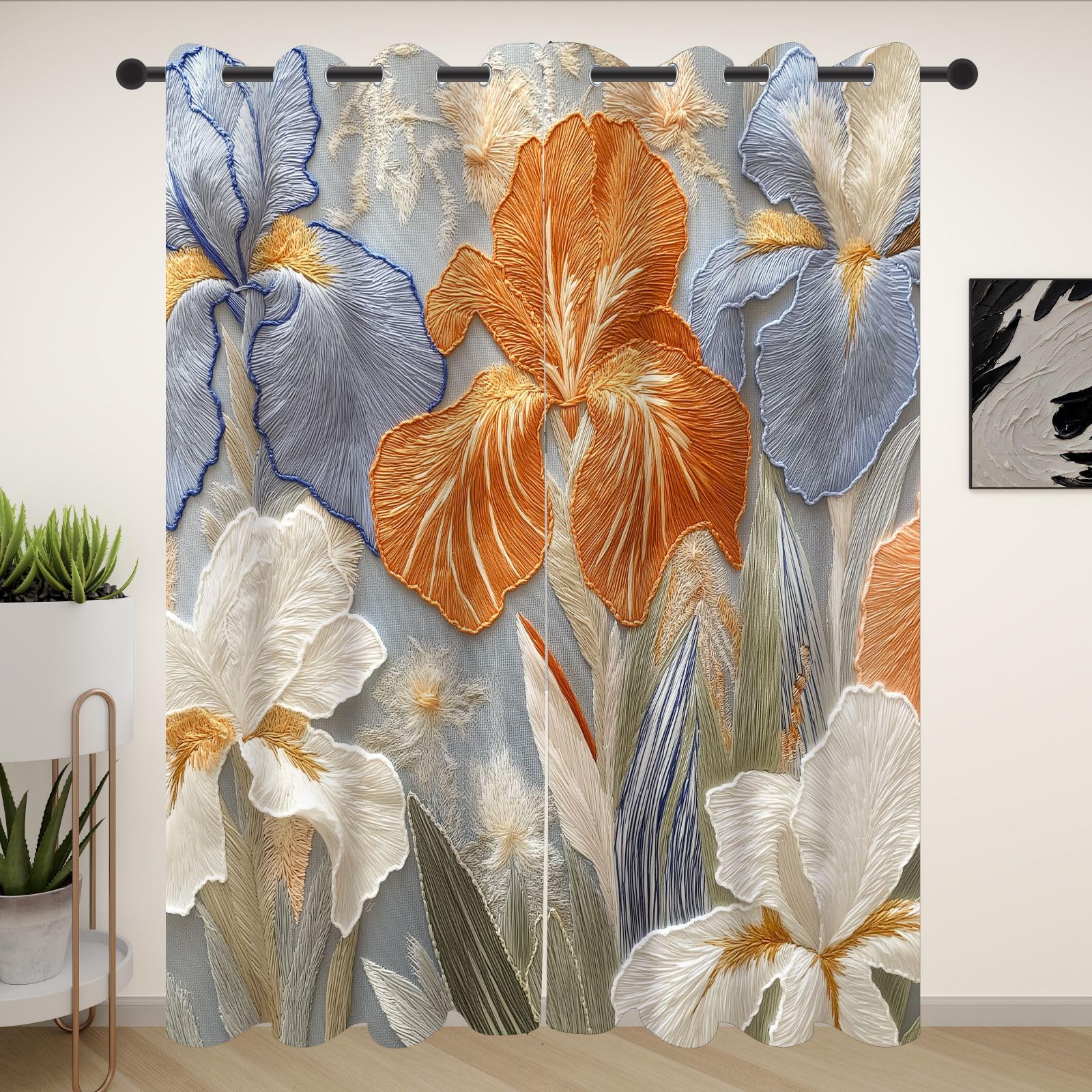 Simulation Stickerei Iris Gardinen mit Ösen Blickdicht | Elegant Blumenmuster Thermovorhang Kälteschutz Schallschutz, Schwertlilie Verdunklungsgardine 2er Set 240x132 Schlafzimmer