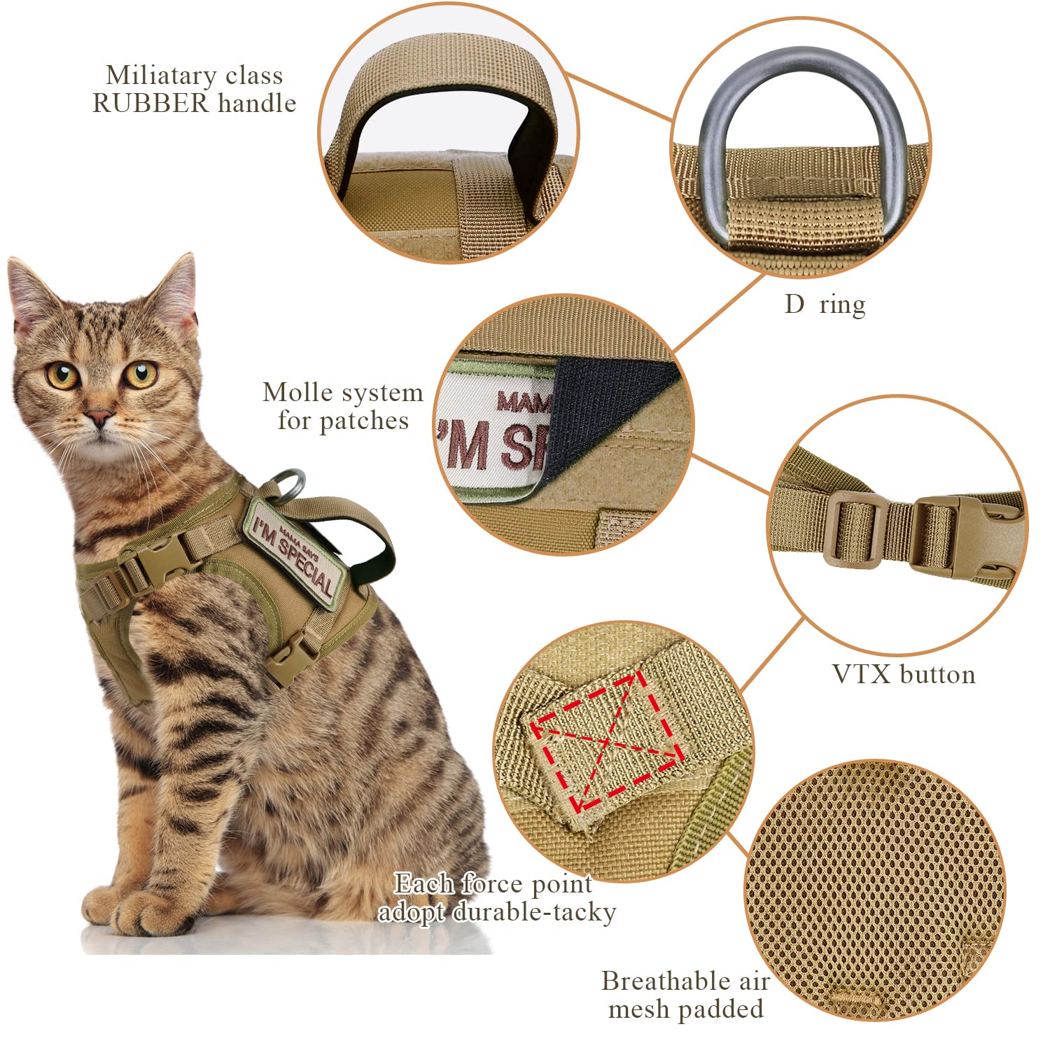Tactical Cat Harness for Walking Escape Proof Soft Mesh Adjustable Pet Vest Harness for Large Cat,Small Dog (Medium, Khaki) - Image 2