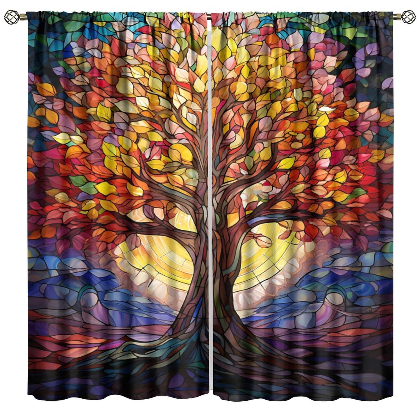 PHTAYOT Tree of Life Curtains, Boho Style Stained Glass Tree of Life Pattern for Room Window Decor, Rod Pocket Print Blackout Drapes for Living Room