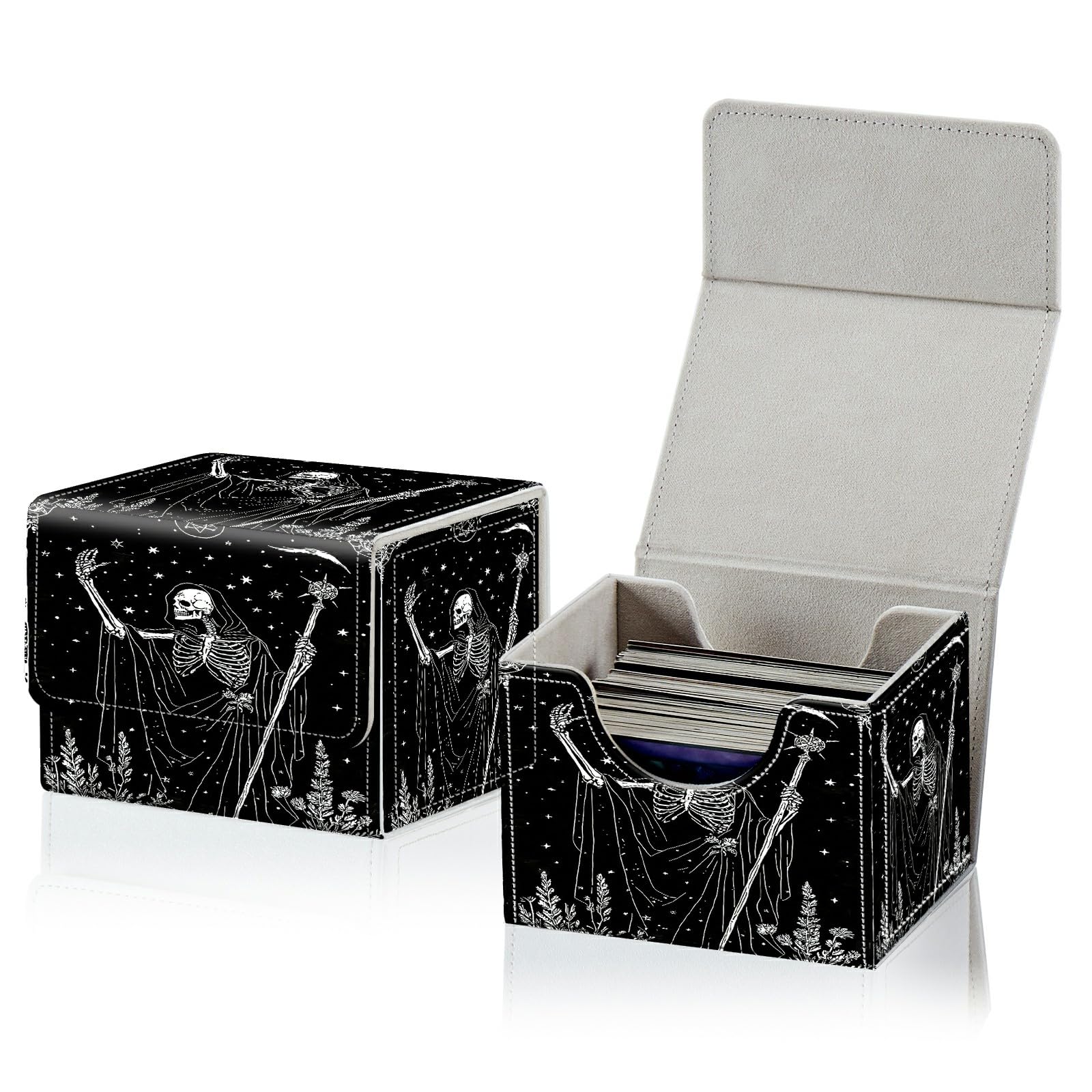 RWUTYTIUL Card Deck Box for MTG, Cards Storage Box Fits 120+ Sleeved, Leather Small Size Strong Magnetic Closing Card Case for Board Games Magic TCG CCG Baseball Collection, Black Skull Axe