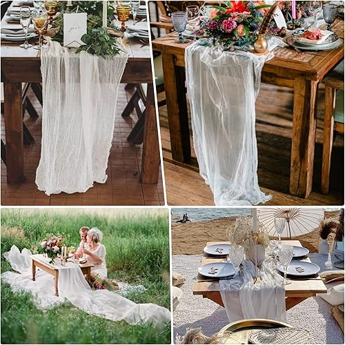 Miniatura 3 de Paquete de 8 caminos de mesa de gasa blanca de 35 x 120 pulgadas, camino de mesa bohemio para boda, novia, baby shower, otoño, fiesta de cumpleaños,