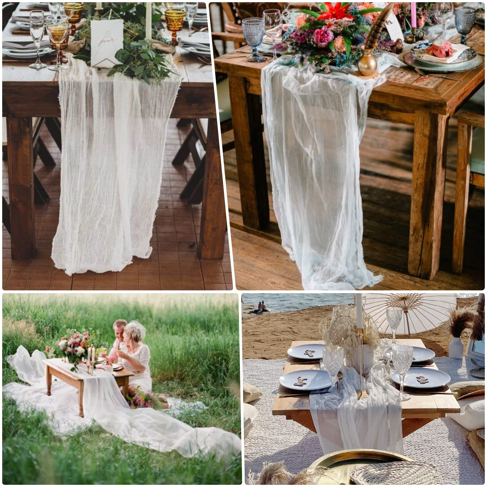 Biały bieżnik na stół z gazą, 30 x 300 cm, boho, romantyczny bieżnik na stół, na ślub, dla panny młodej, baby shower, jesień, urodziny, przyjęcie, dekoracja bożonarodzeniowa, 8 szt