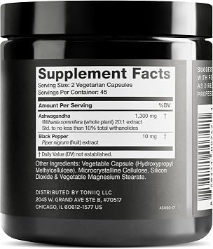 Toniiq Ashwagandha Ultra High Potency 20:1 Extract with 10% Withanolides | Wild Harvested in India - Highly Concentrated - Third-Party Lab Tested - 90 Capsules