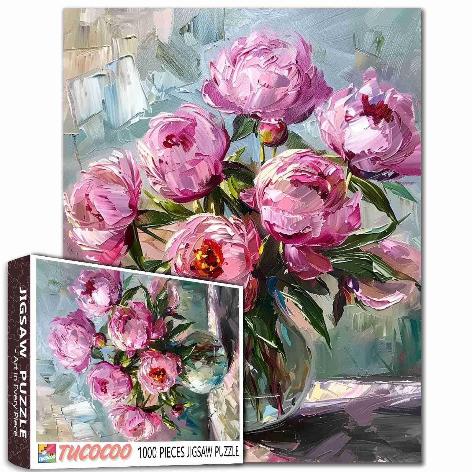 Blooming Peony Flowers Oil Bouquet 1000 Piece Jigsaw Puzzle for Adults - Colorful Paeonia in Vase Challenging Puzzles for Adults, Bright Floral Vintage Rose Flowers Art Jigsaw Puzzle Family Game — image 1