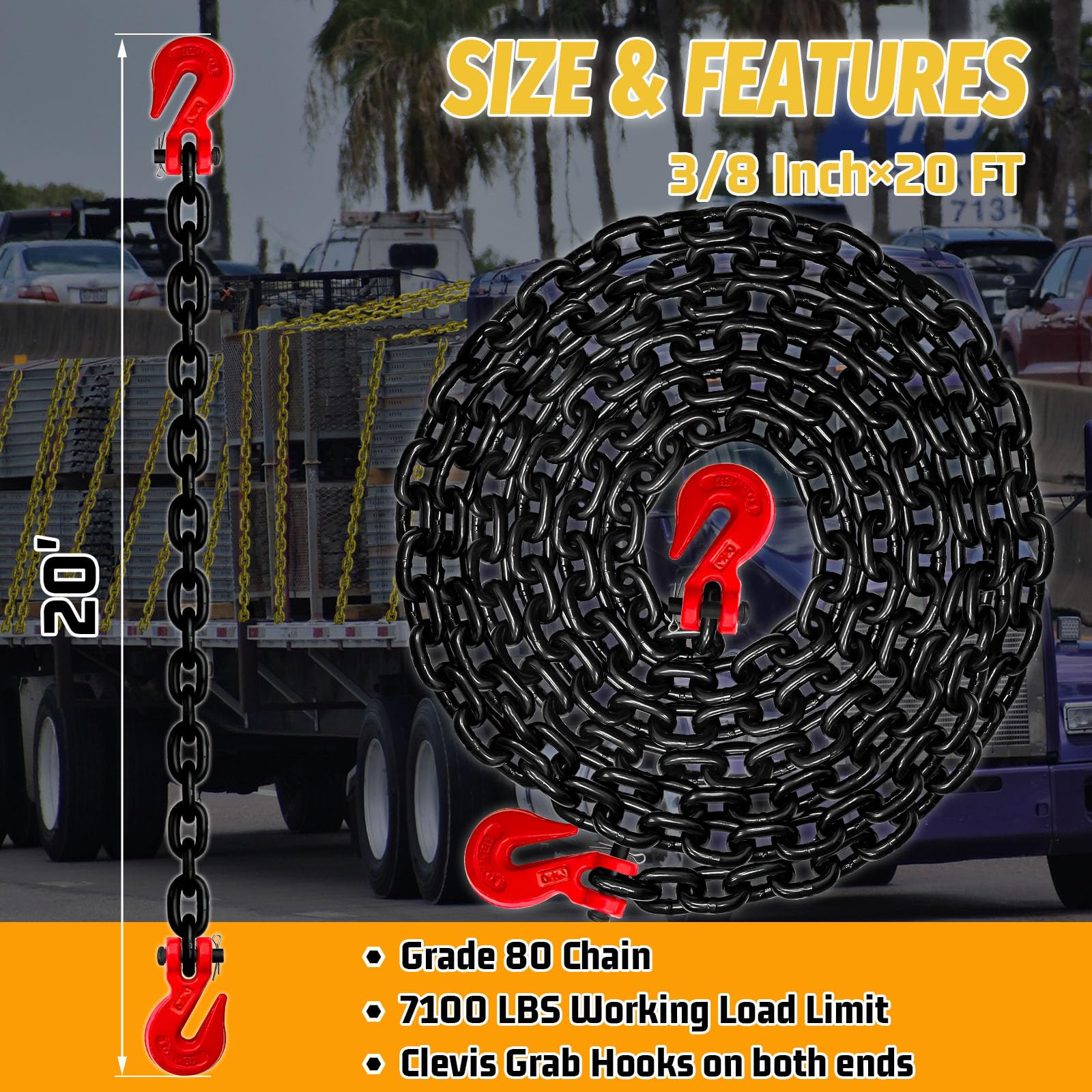 Heavy Duty Load Binder Chain - 20FT, 7100lbs Working Load -2
