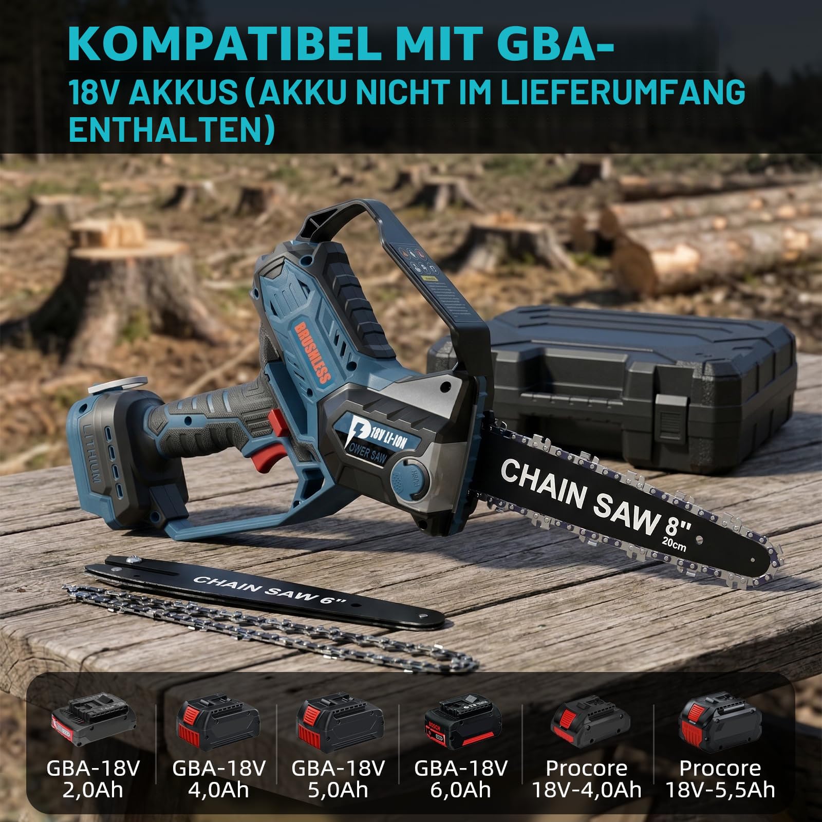 8-Zoll Kettensäge für Bosch 18V GBA-Akku, Auto-Oiler, 6-Zoll und 8-Zoll bürstenlose kabellose Astkettensäge, batteriebetriebene Mini Kettensäge zum Holzfällen, Baumbeschneiden (nur Werkzeug)