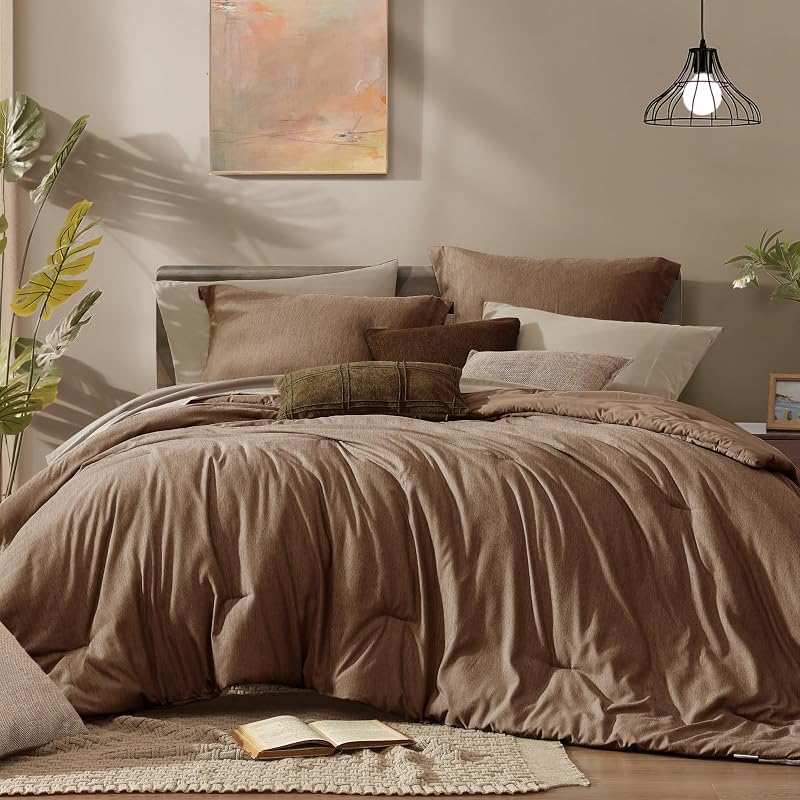 Monbix King Size Comforter Set 7 Pieces Brown Cationic Dyeing Bed in a Bag