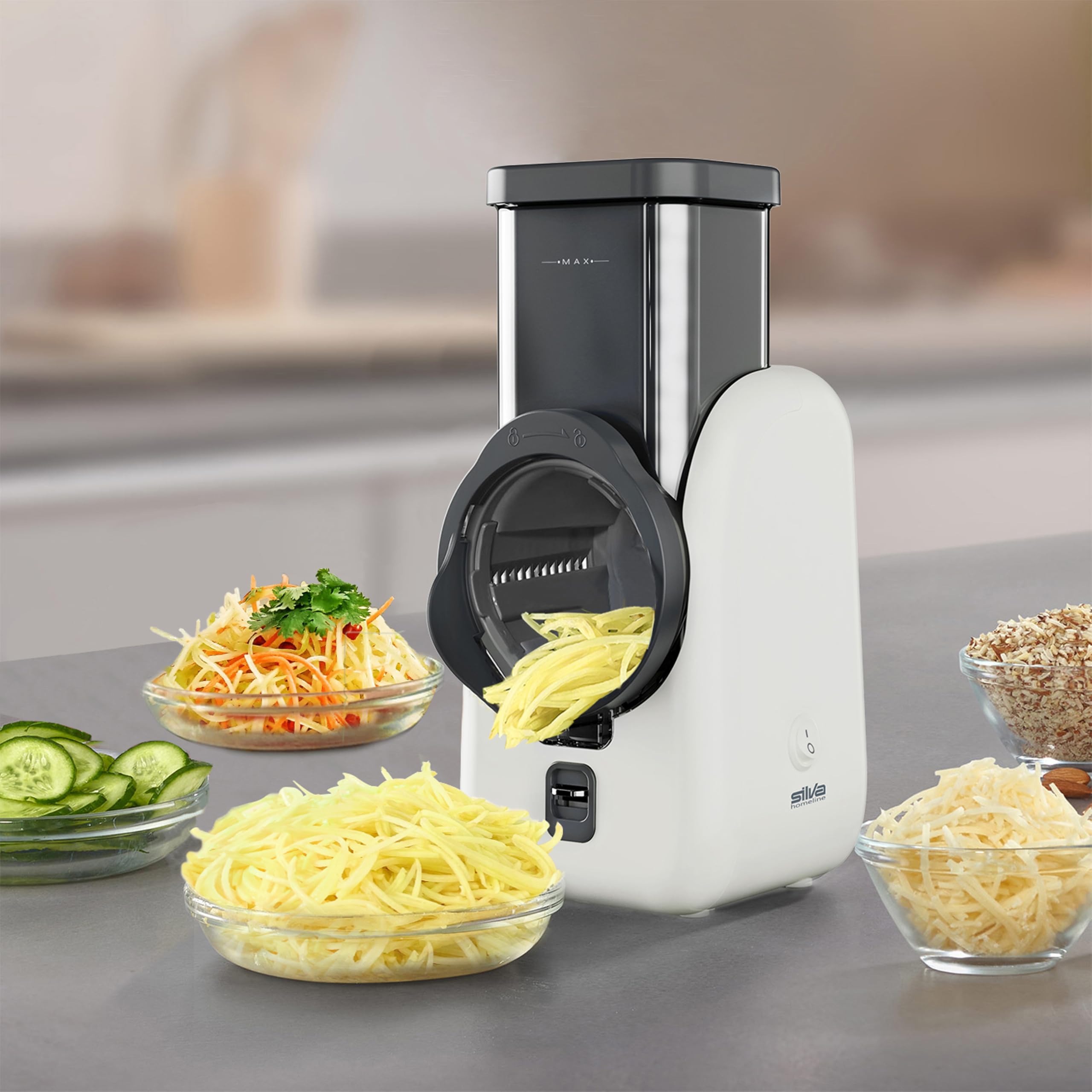 Silva Schneider SKR 800 Rallador Eléctrico de Cocina – 80 W, 4 Accesorios de Corte, Cuchillas Giratorias de Acero Inoxidable, Diseño Seguro sin Contacto con las Cuchillas, Fácil Limpieza – Blanco/Gris