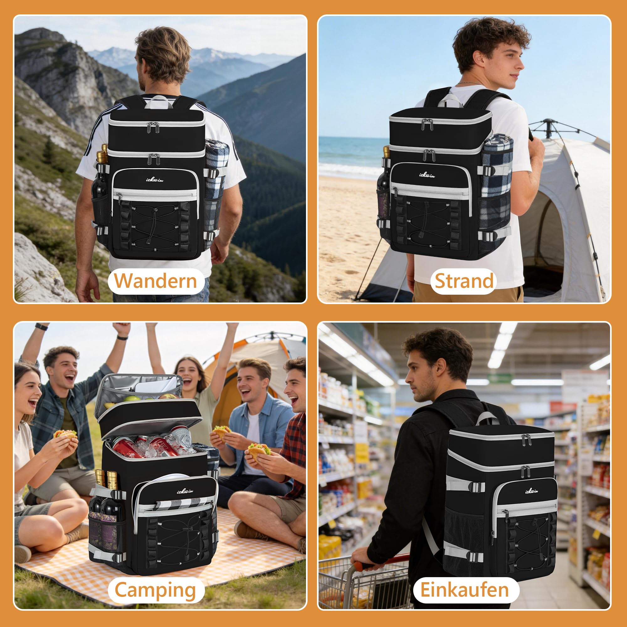 OUUTMEE Zaino refrigerante impermeabile a doppio strato per picnic, spiaggia, escursioni, nero