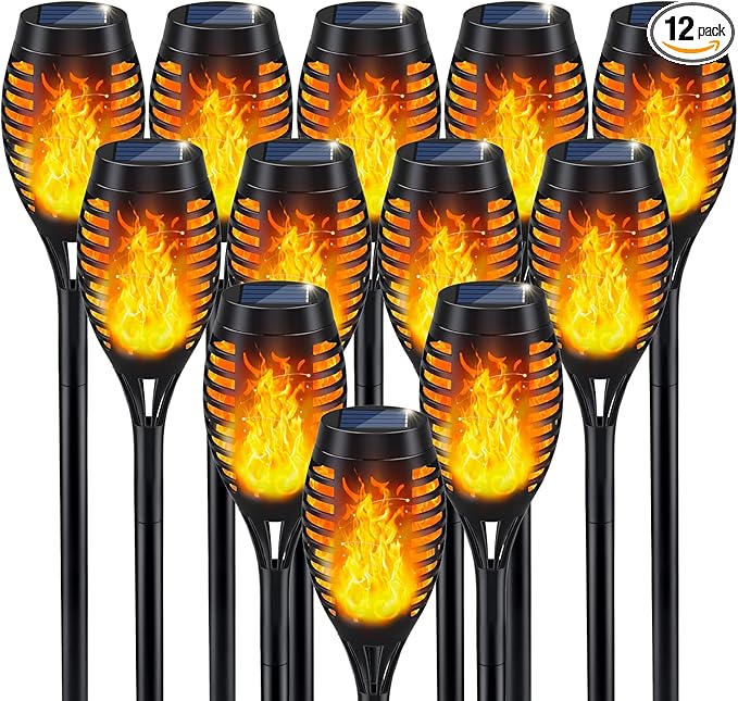 Solar Flame Torch Lights for Outdoor Decor, 12Pack Outdoor Lights Solar Powered Waterproof, LED Torches for Outside Decor, Luces Solares Outdoor Decorations for Patio Garden Art