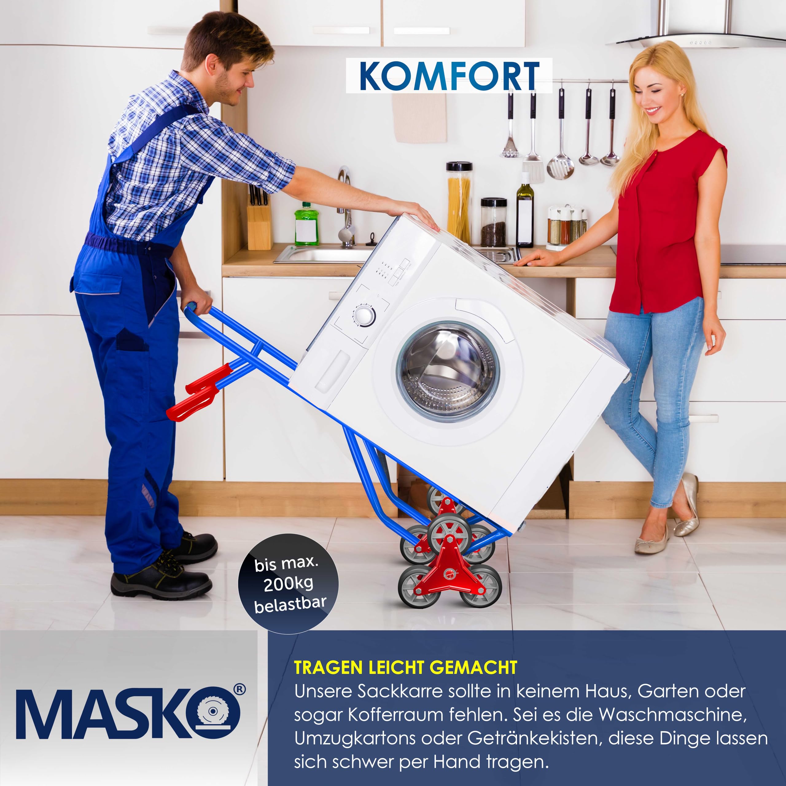 Masko Treppenkarre Sackkarre 200kg Transportkarre Treppensteiger Stapelkarre, klappbar Treppensackkarre Hartgummireifen | Kunststoff Griffe | Stahl Rahmen | Blau