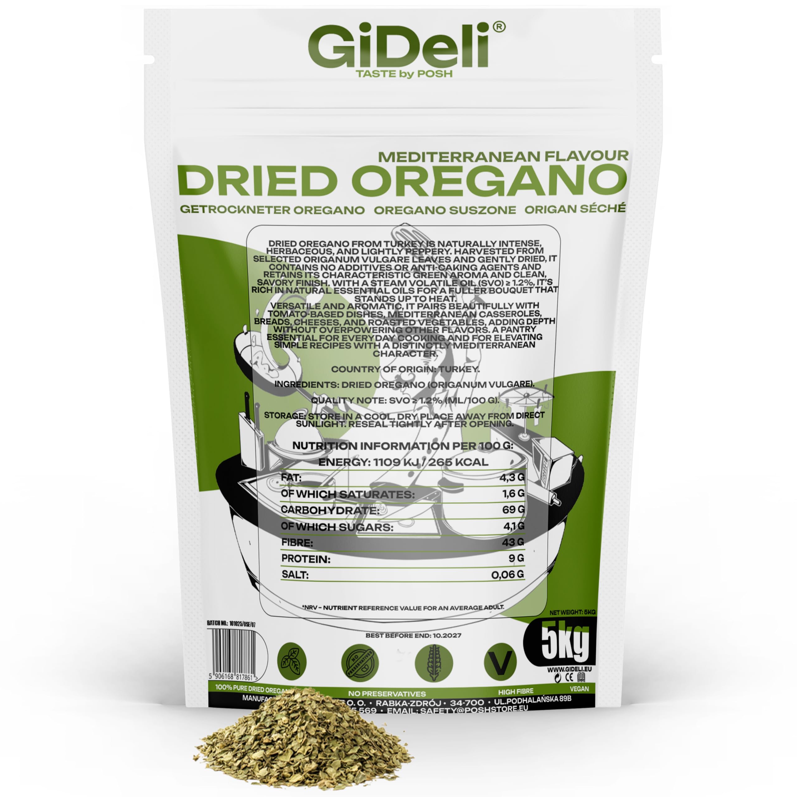 GiDeli Oregano 5kg - Getrocknete Oregano Blätter- Türkisches Gewürz für Italienische Küche - Pasta Fisch Pizza Suppen Salat und Fleischgerichte