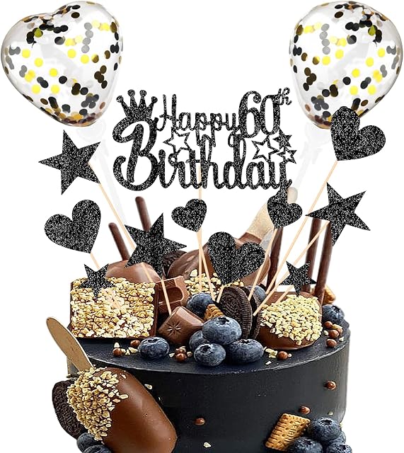 DKBT Personalised Cake Decorations 60th Happy Birthday Cake Toppers Glitter Cupcake Topper for Girls Boys Party Supplies for Black Theme Birthday Party Anniversary
