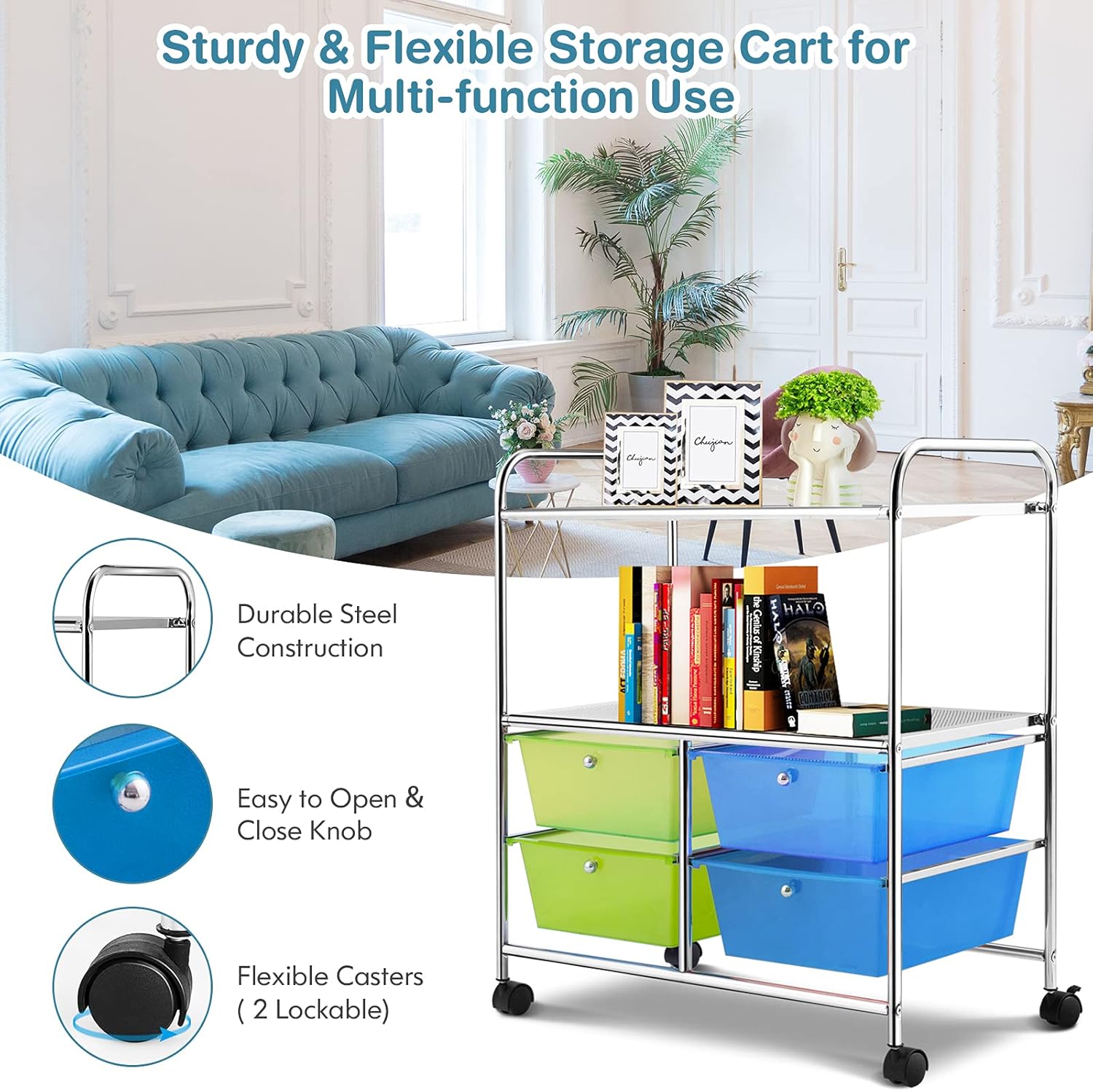 GOFLAME 4-Drawer Rolling Storage Cart with 2 Shelves, Mobile Utility Cart with Removable Drawers and Metal Frame, Art Craft Drawer Cart with Lockable Wheels for Home, Office, School, Studio, Green