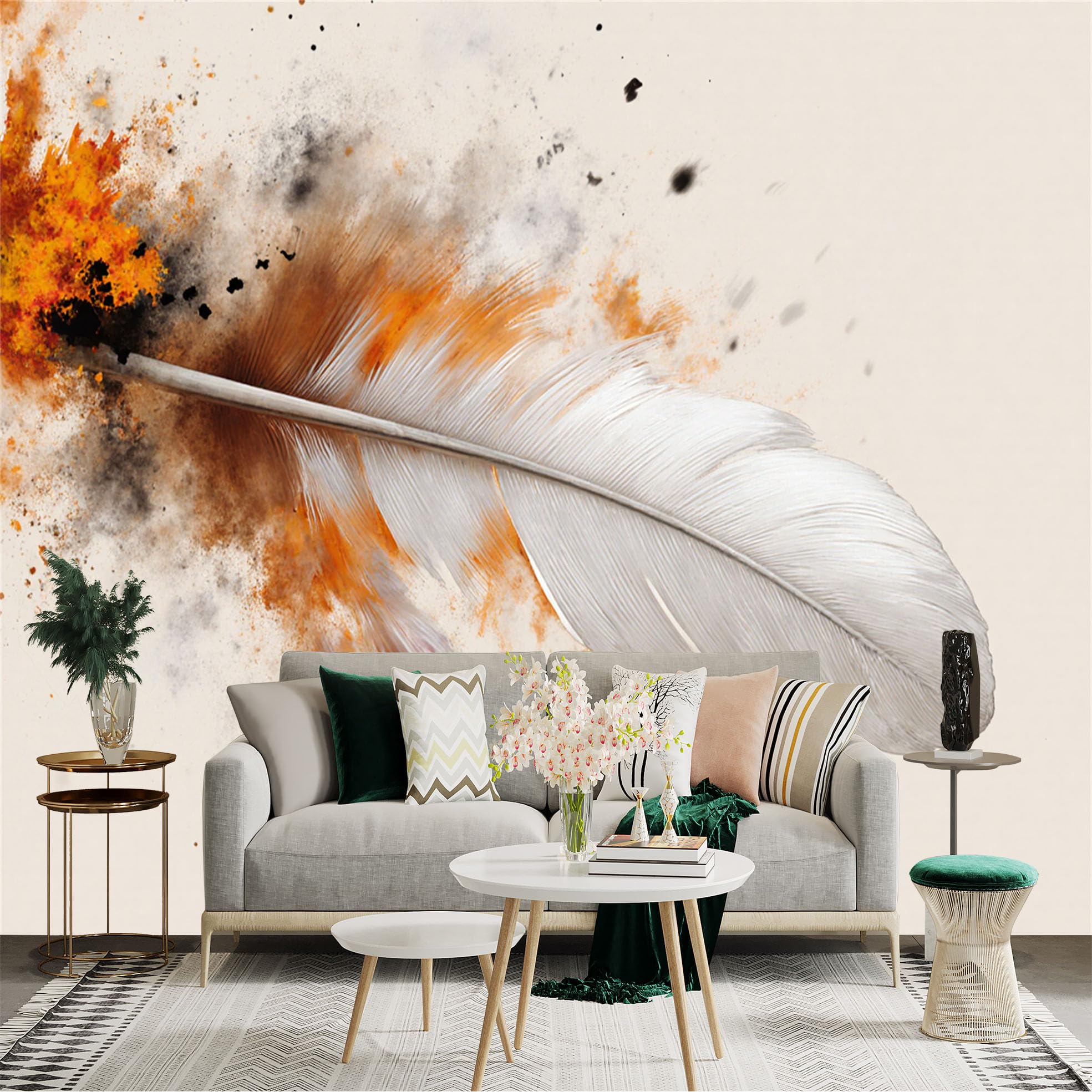 Custom Size Wall Sticker Mural， Abstract White Feather with Vibrant Orange Ink Splatter， Artistic Fine Art Style， for wall Decoration， peelandstick wall Decals.