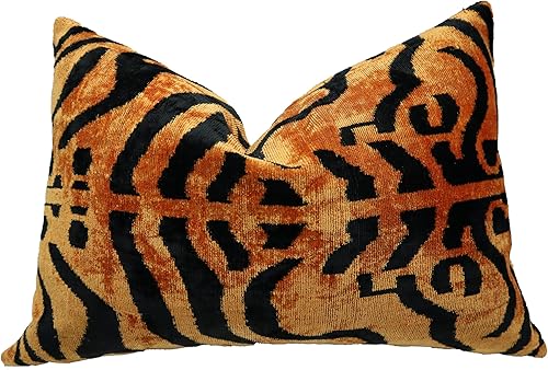 Almohada decorativa hecha a mano con funda de cojín rellena de plumón estampado de tigre color dorado y naranja funda de cojín lumbar de seda de