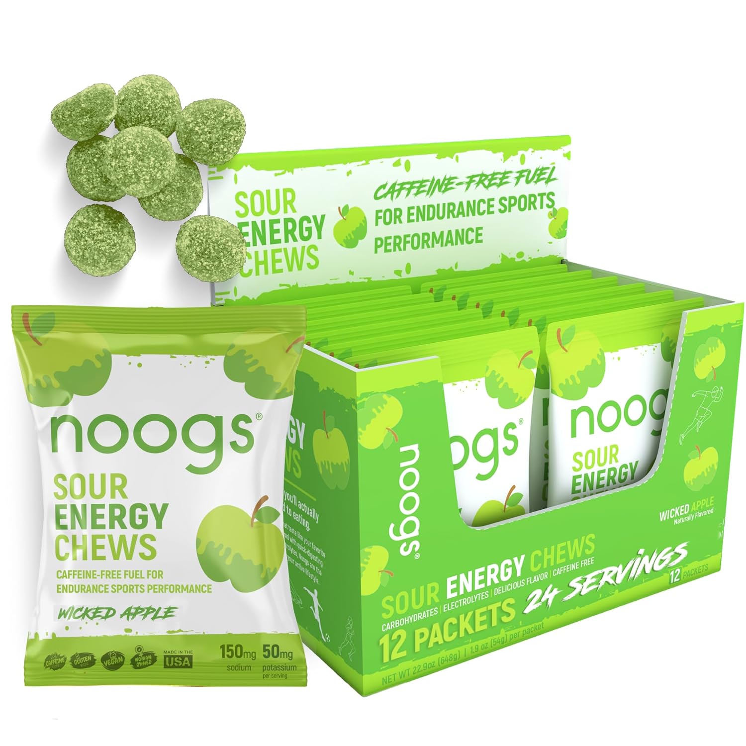 Noogs Wicked Apple + Lemon Zinger Sour Energy Chews Bundle, Electrolyte Energy Gummies, Sour Candy Flavored Alternative to Running Gels, 24 Total Packs