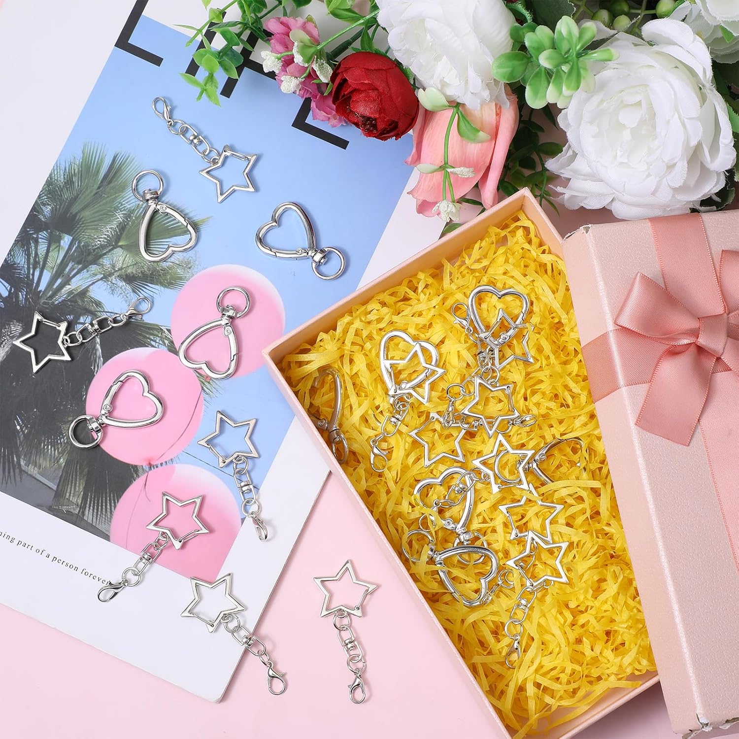80 Pack Silver Star Heart Keychain Clip, Metal Star Heart Shape Claw Swivel Lobster Clasp Alloy Snap Hook Keychain Clasp for Jewelry Making Bag DIY Craft Hanging Buckle Keys Luggage Tag Bulk Charms