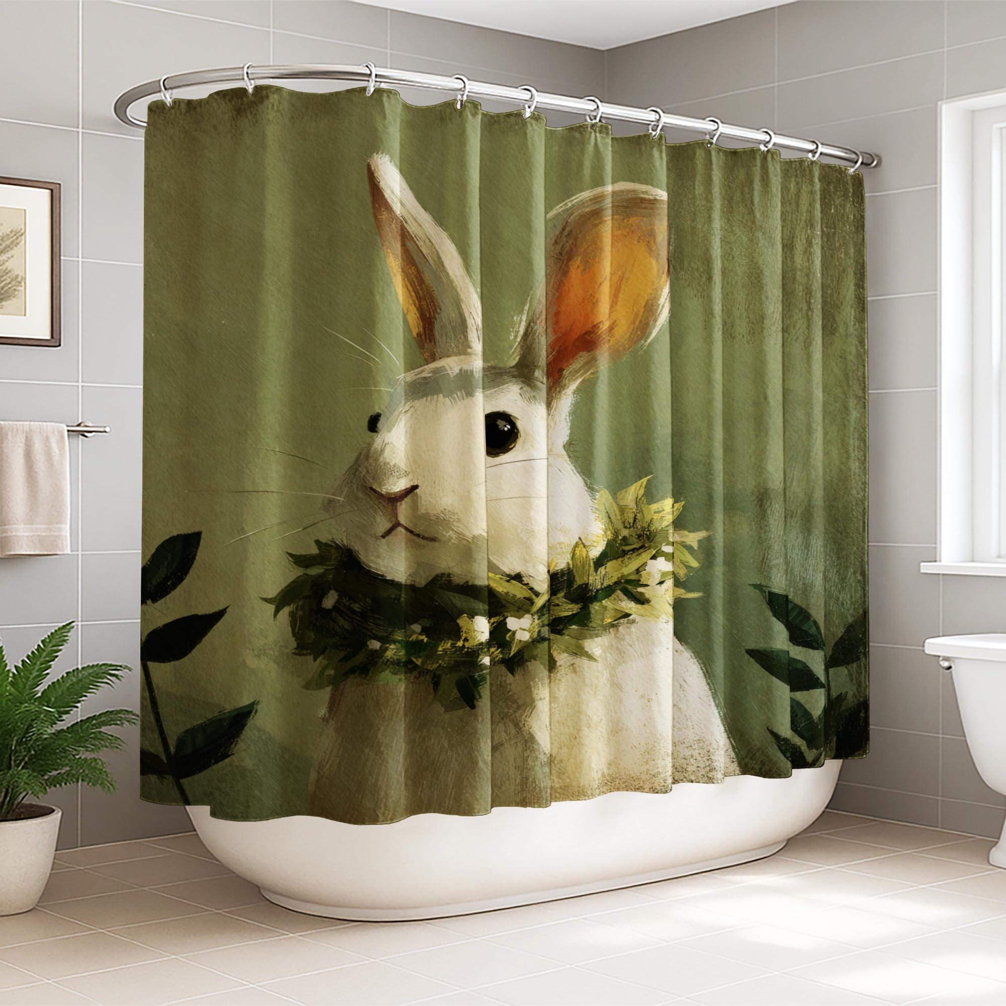 Rideau de douche extra large vert 274x183 motif lapin