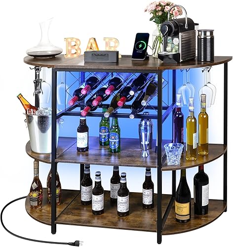 Miniatura 9 de Umisu Armario de mesa de bar de 4 niveles con toma de corriente y luz LED, soporte para licor de piso con almacenamiento para el hogar, mini barra