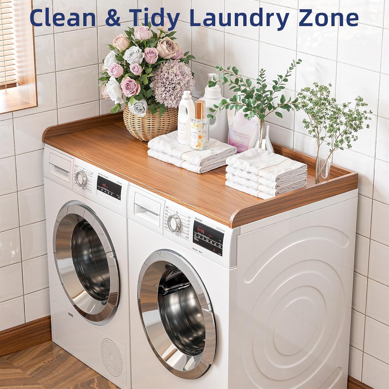 The Memobarco Washer Dryer Countertop with laundry supplies and decorative items, creating a clean and organized laundry zone.