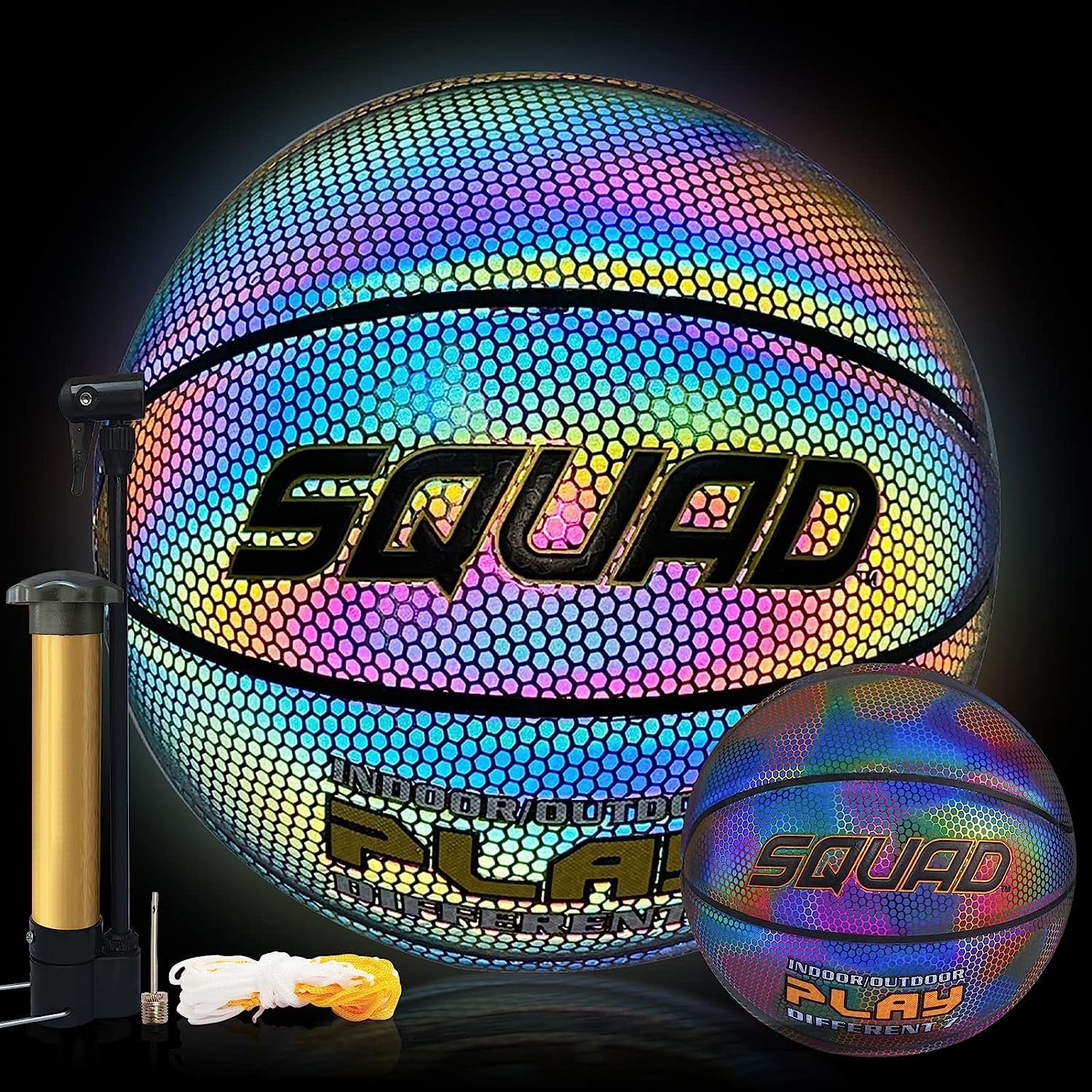 SQUAD NightPlay Reflective Basketball Size 5, Size 7 - Cool Holographic Glow Basketball for Night Game, Ideal Gift for Boys Girls 10-14 Year Old, Cool Teen Toys