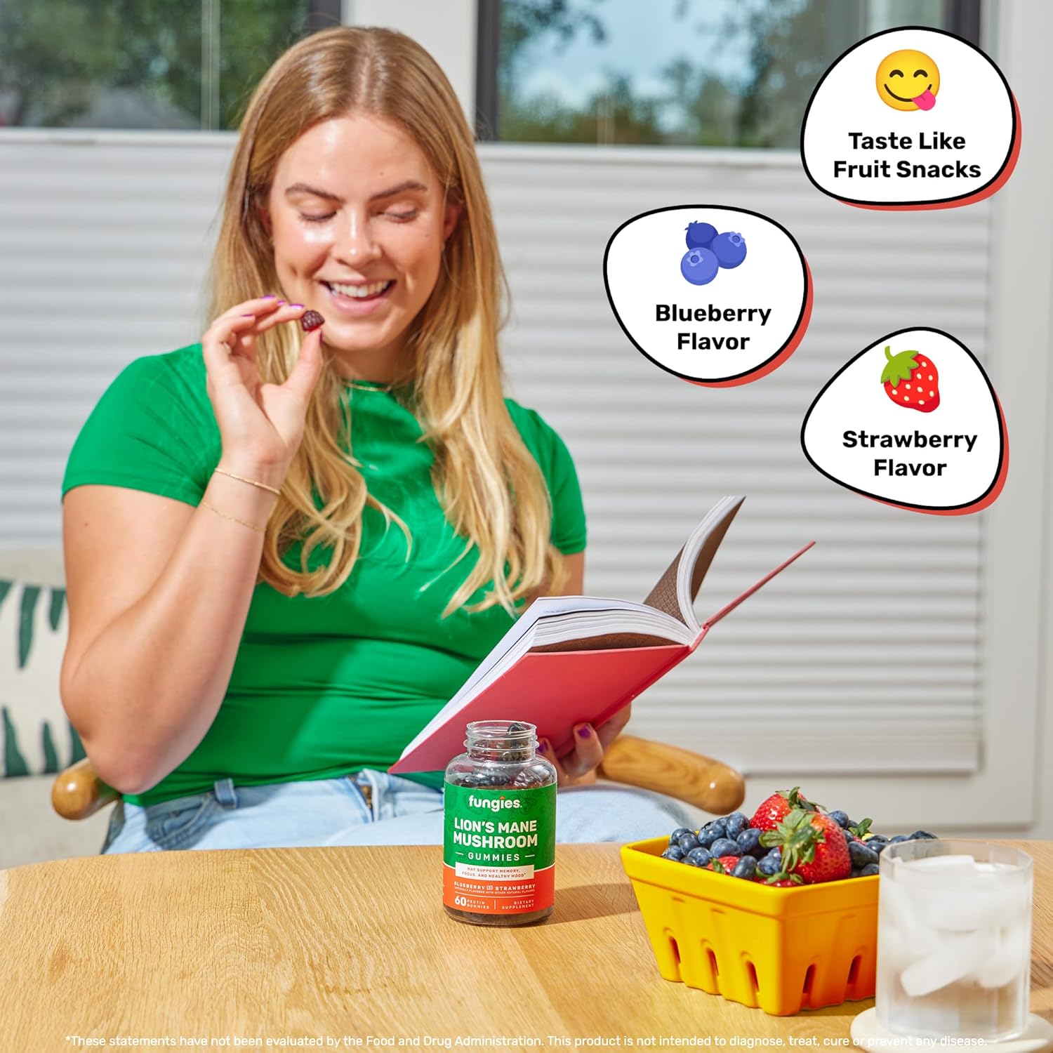 Fungies Lion's Mane Mushroom Gummies, Mixed Blueberry & Strawberry Flavor - Mushroom Supplement Gummy for Adults & Children Supports Brain Health, Cognitive Function, Focus, Memory & Mood, 60 Servings