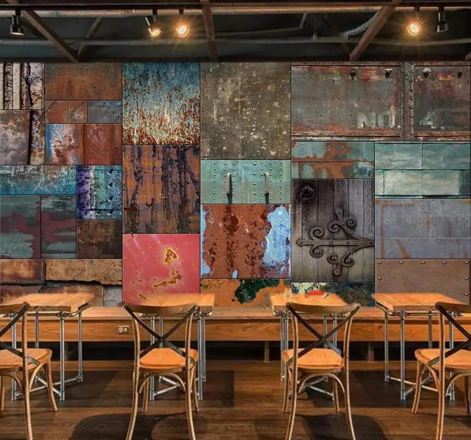 XLMING Retro Metal Wood Grain Bar Café 3D Wallpaper Silky Texture Home Study Office Grey Dining Room Sofa Bedroom Living Room TV Backdrop-430cm×300cm