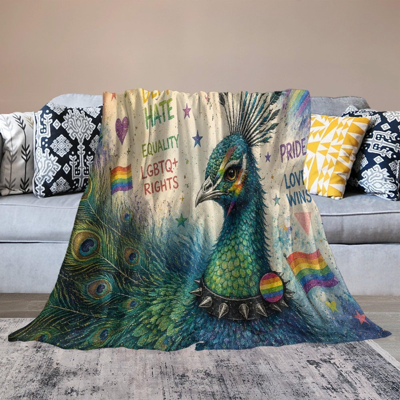 Punk LGBTQ Flag Peacock with Pride Symbols Kuscheldecke für Zuhause