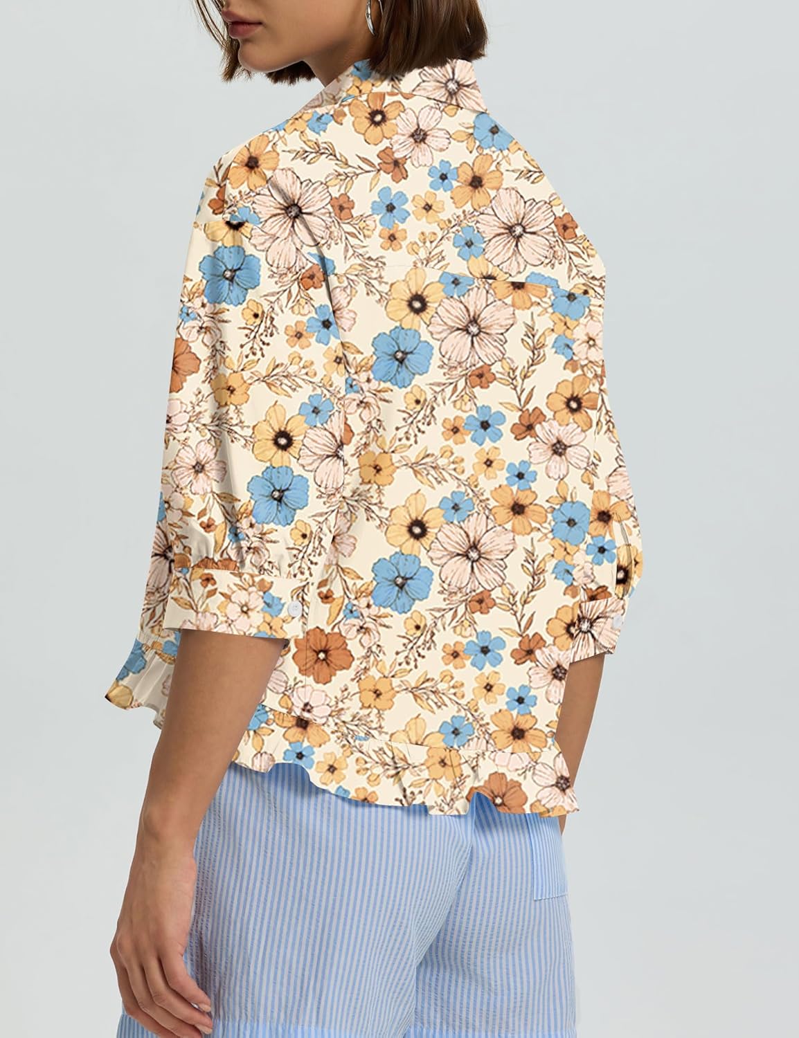 LOMON Womens 3/4 Sleeve Button Down Tops Dressy Casual Collared Shirts Blouses Ruffle Babydoll Tops Loose Fit - Image 5