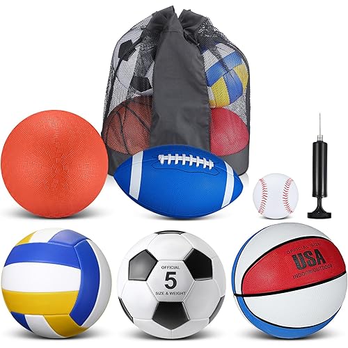 Libima 6 Pcs Multi Sport Ball Set Official Size Football Basketball Soccer Volleyball Playground Ball Baseball with Outdoor Sports Equipment Bag Pump Christmas Sports Gift