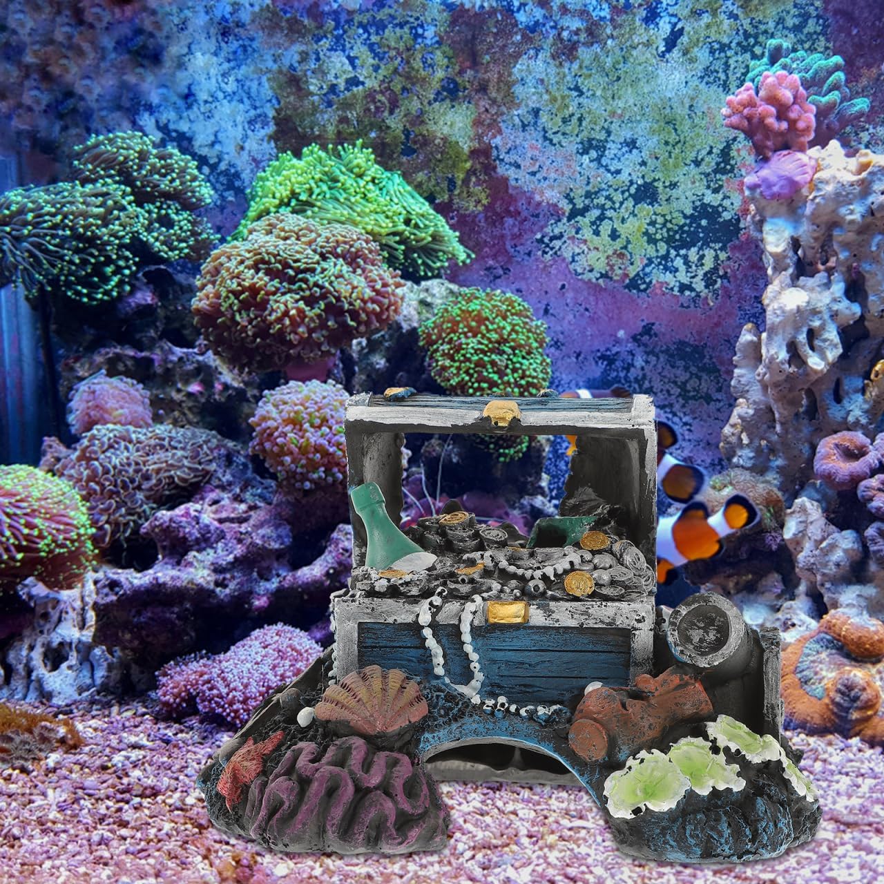 Treasure Chest Aquarium Decor 5.90X4.52X4.13In Resin Fish Tank Ornament Fish Shelter for Freshwater Saltwater Natural Landscape Decoration